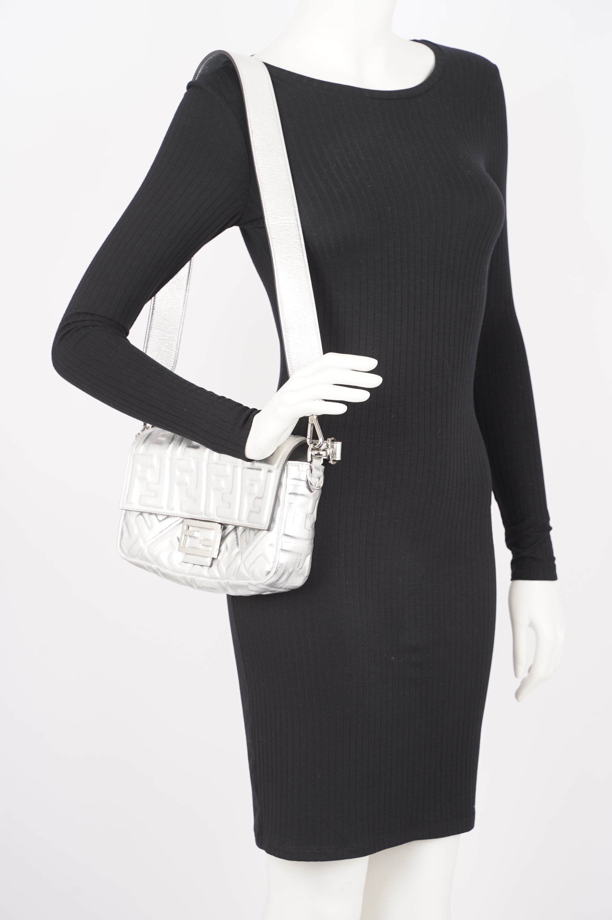 Fendi Womens Baguette Bag Silver Leather