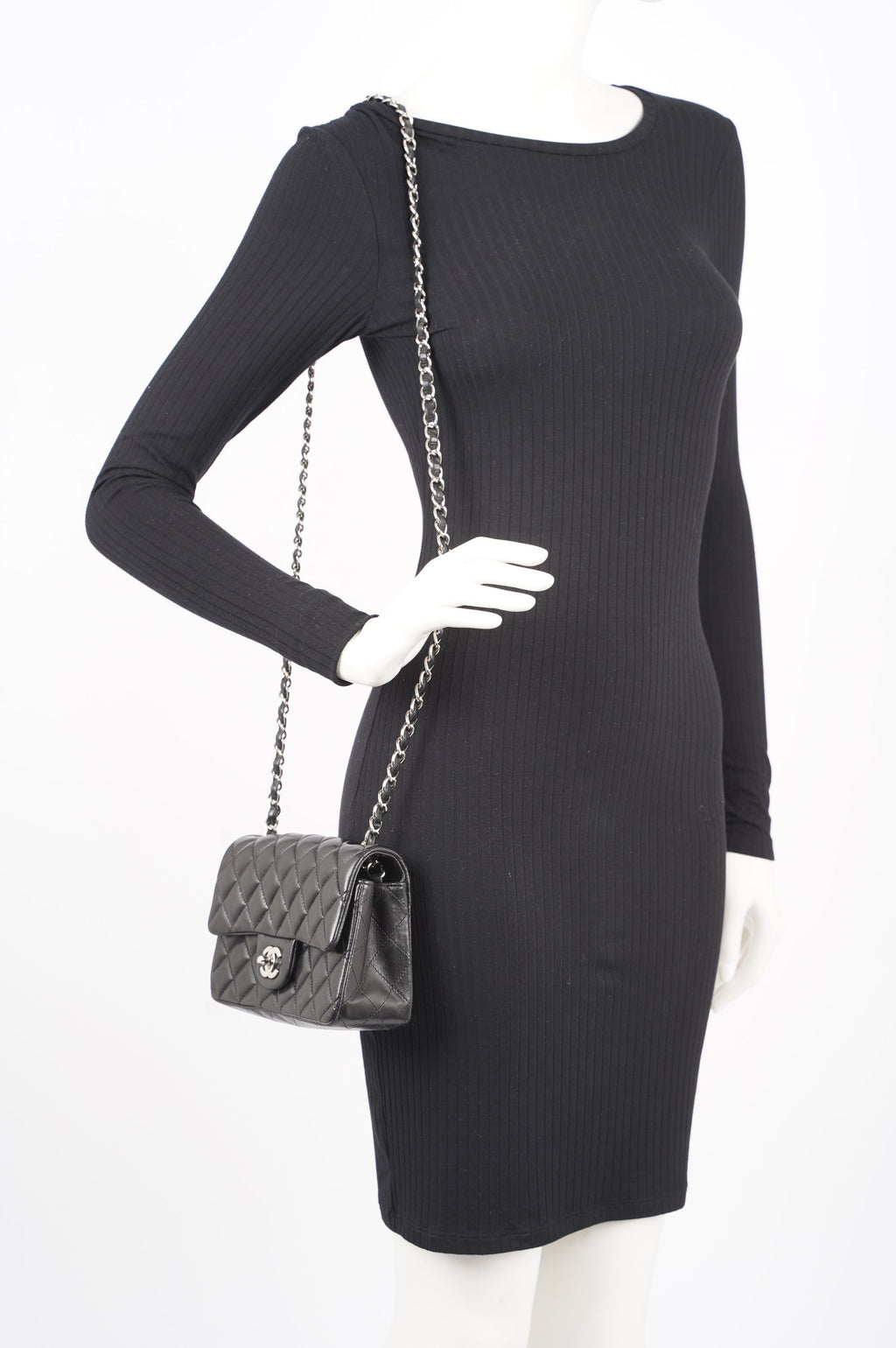Chanel Womens Lambskin Flap Bag Black Mini