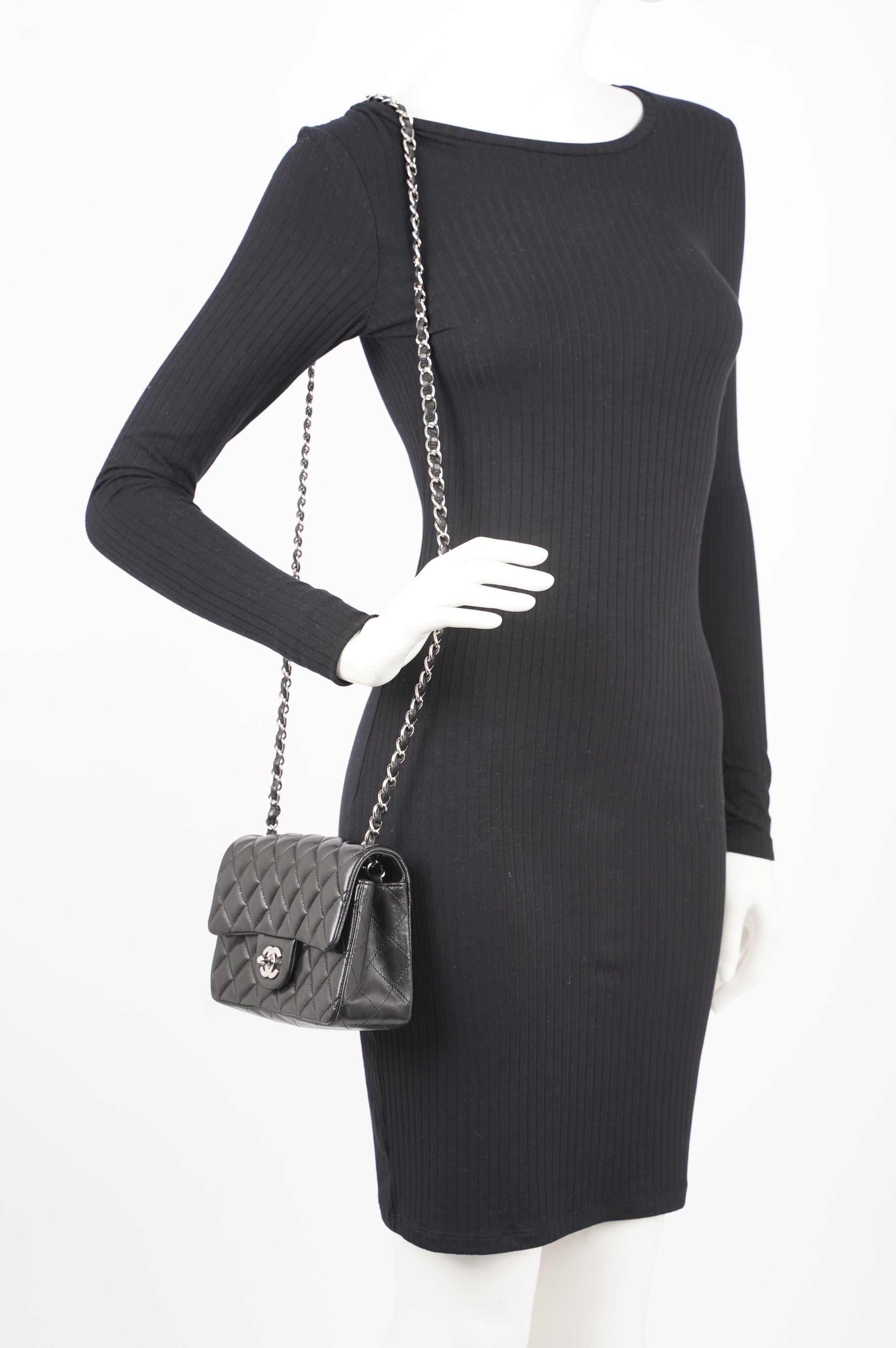 Chanel Womens Lambskin Flap Bag Black Mini