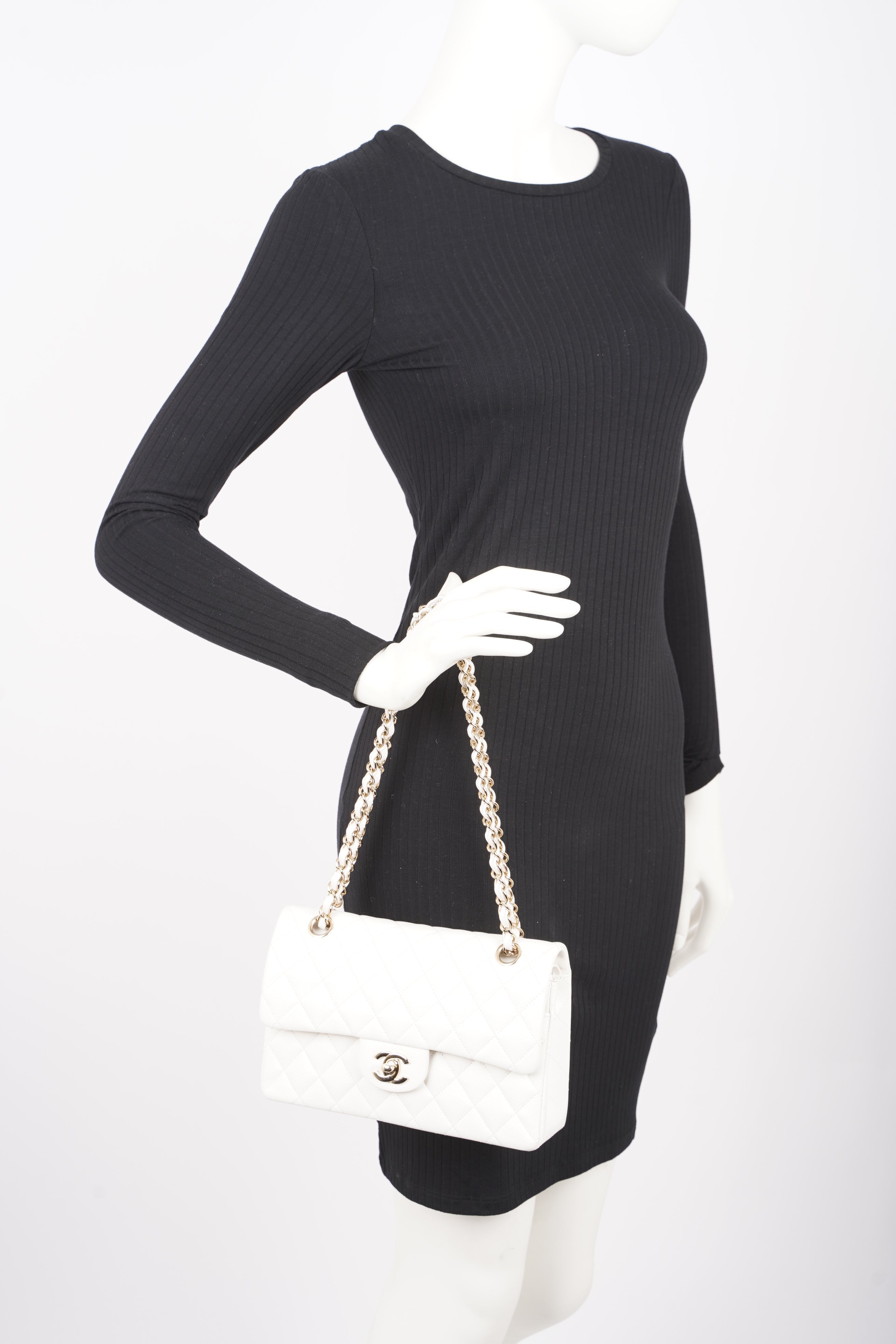 Chanel Womens Classic Flap White Caviar Small