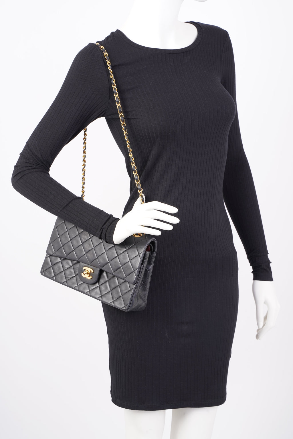 Chanel Womens Vintage Double Flap Lambskin Black Leather Medium