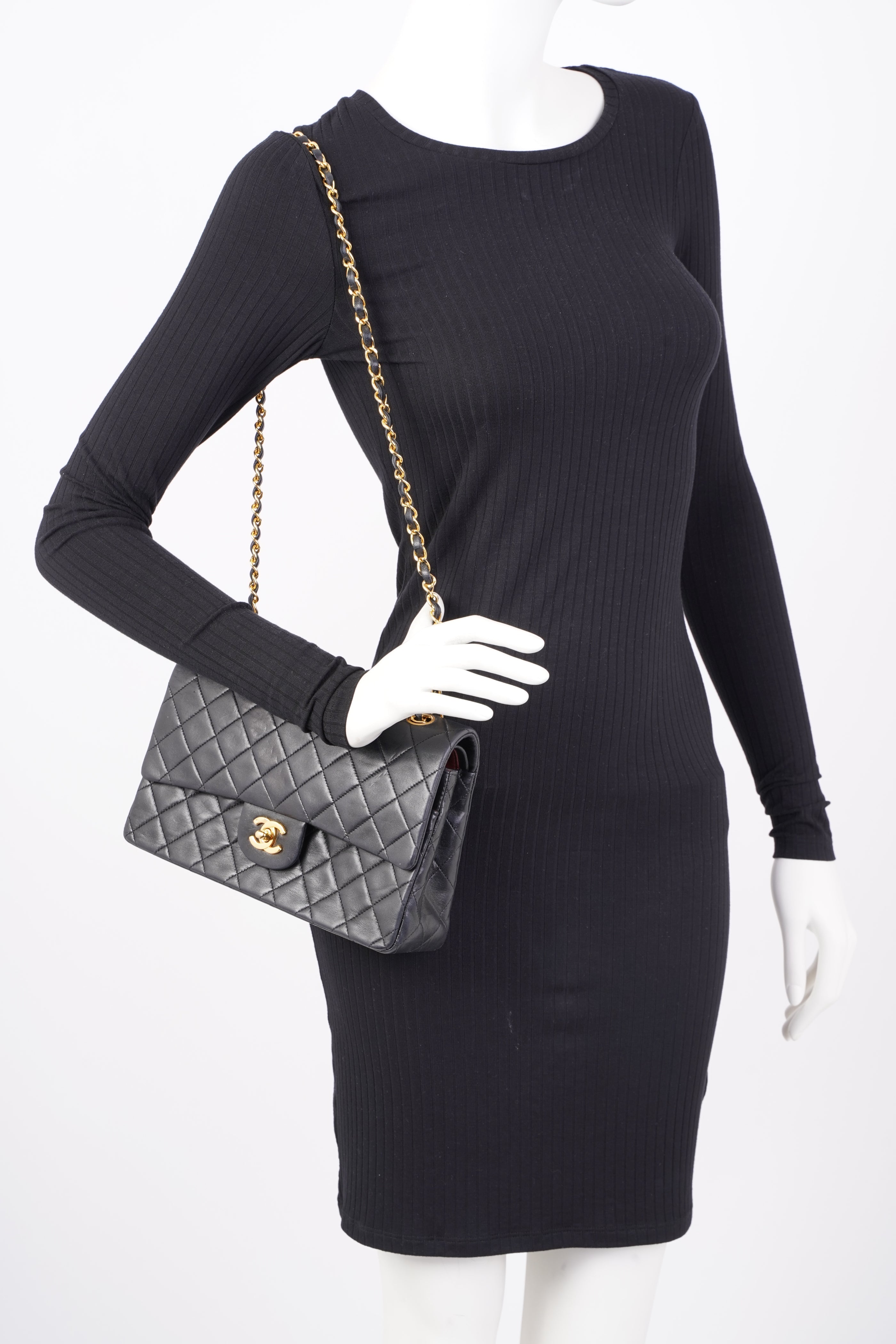 Chanel Womens Vintage Double Flap Lambskin Black Leather Medium