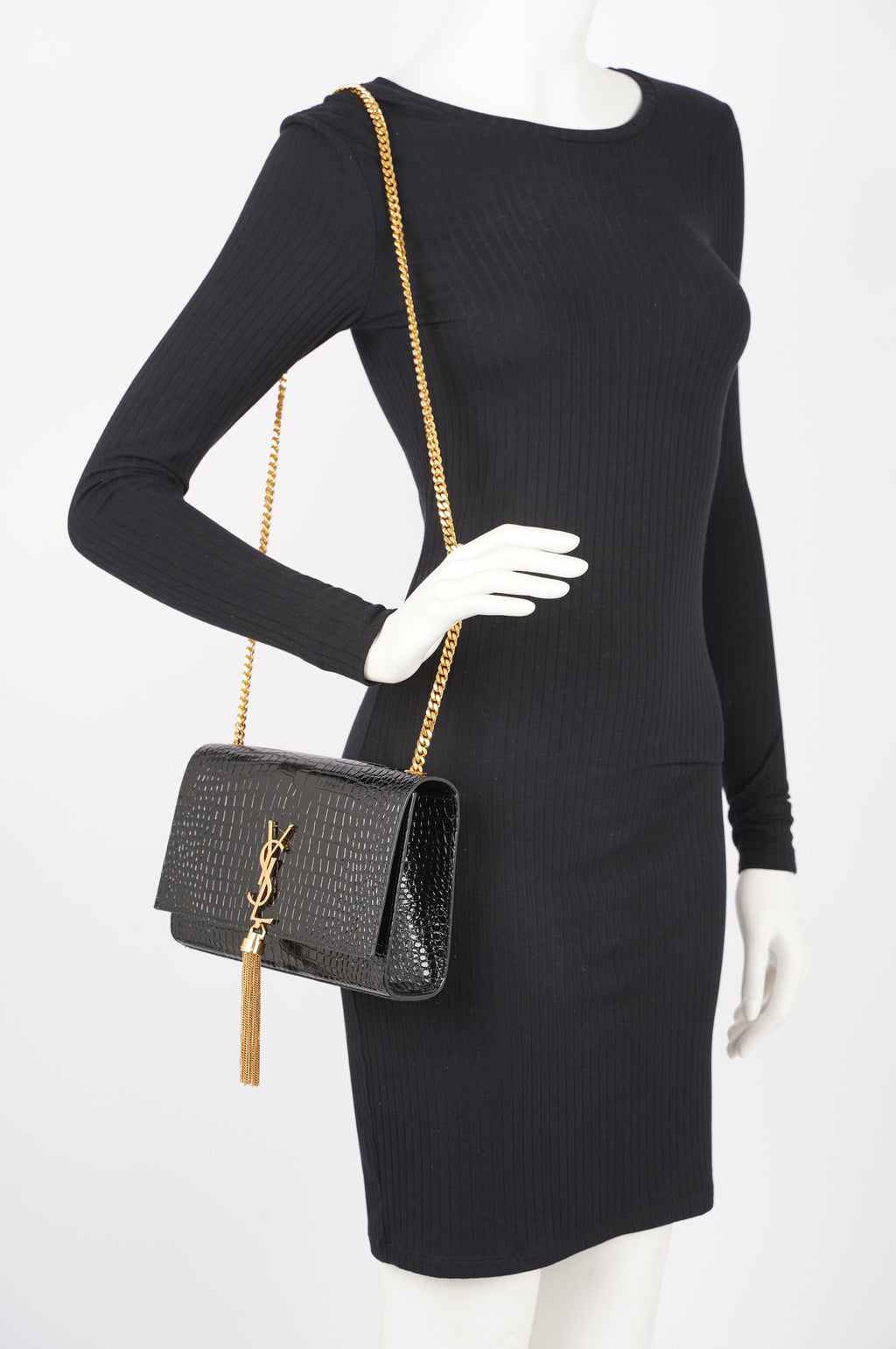 Saint Laurent Womens Kate Tassle Bag Black Croc / Gold Medium