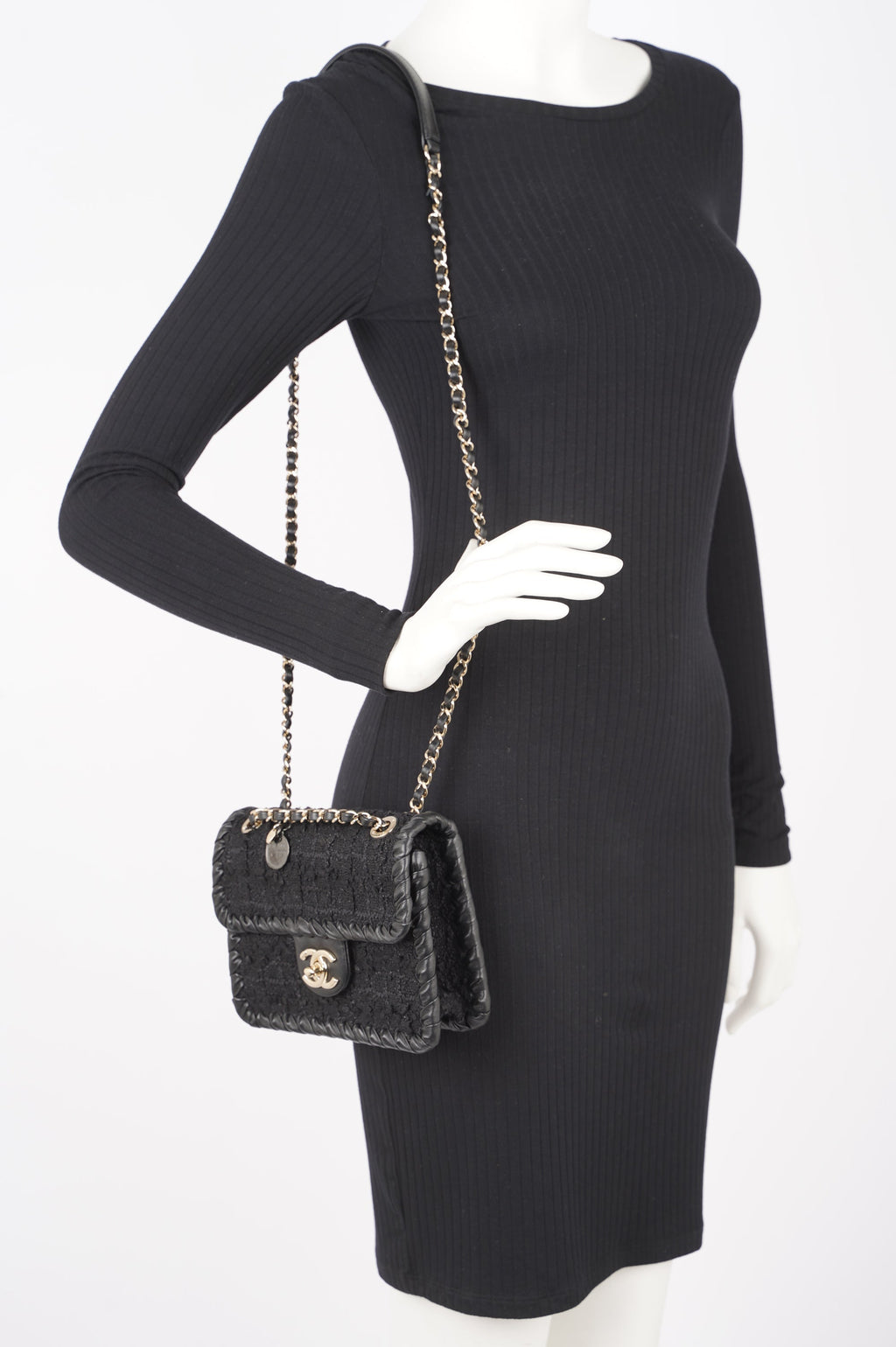 Chanel Womens Flap Bag Black Tweed Mini