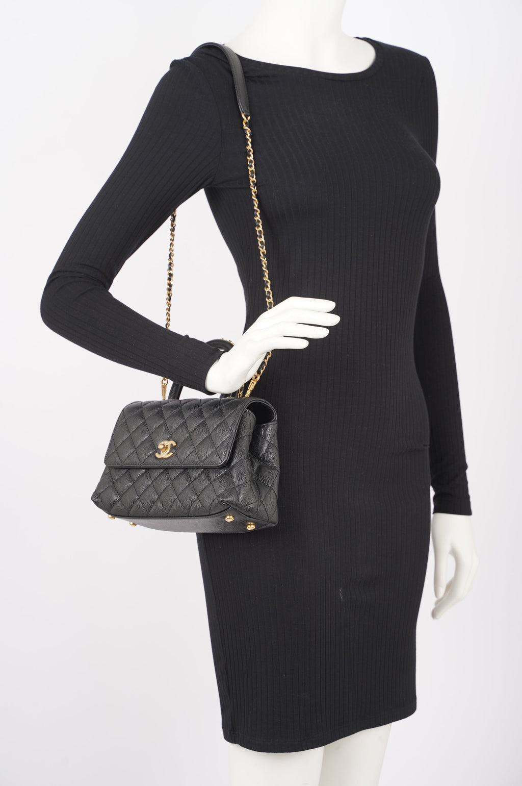 Chanel Womens Coco Top Handle Black Caviar Leather Small