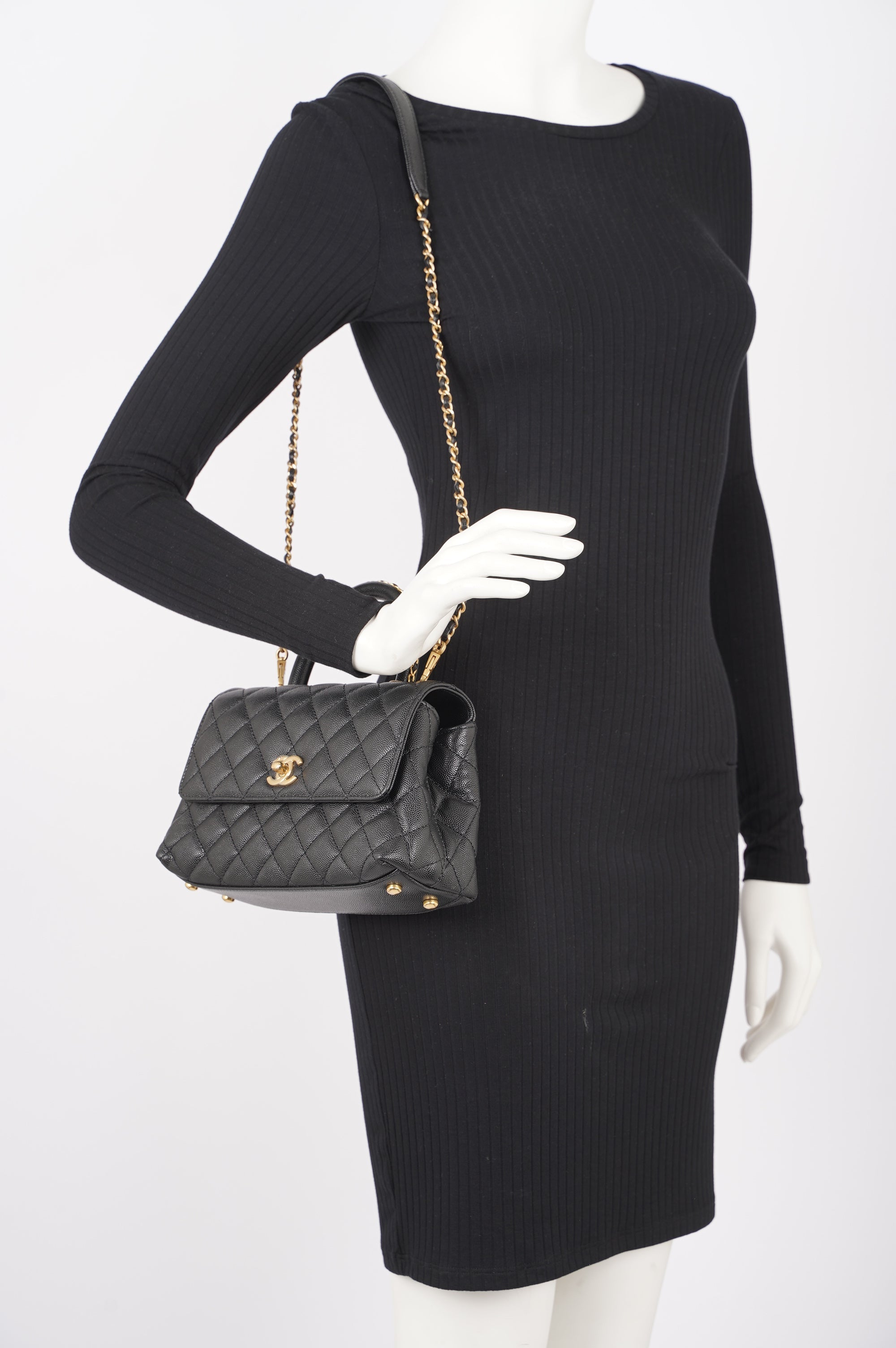 Chanel Womens Coco Top Handle Black Caviar Leather Small