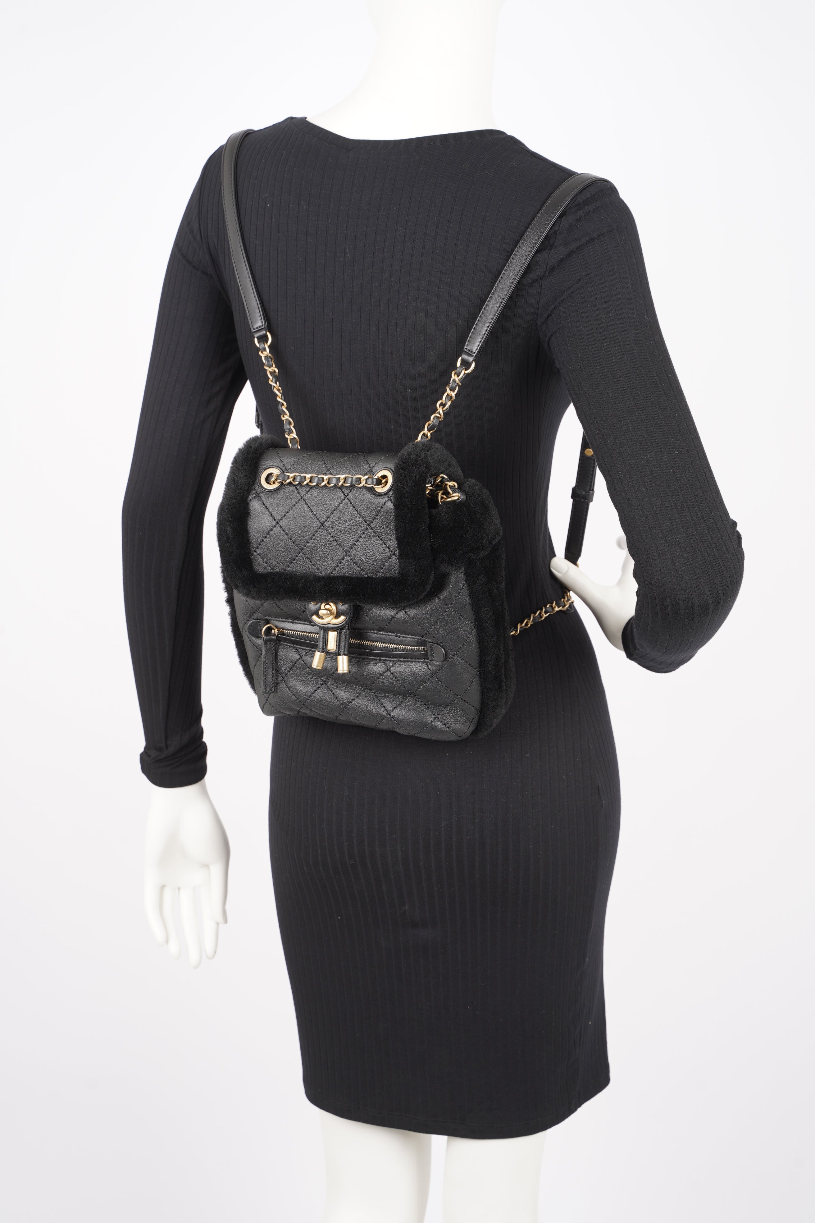 Chanel Womens Shearling Lambskin Backpack Black
