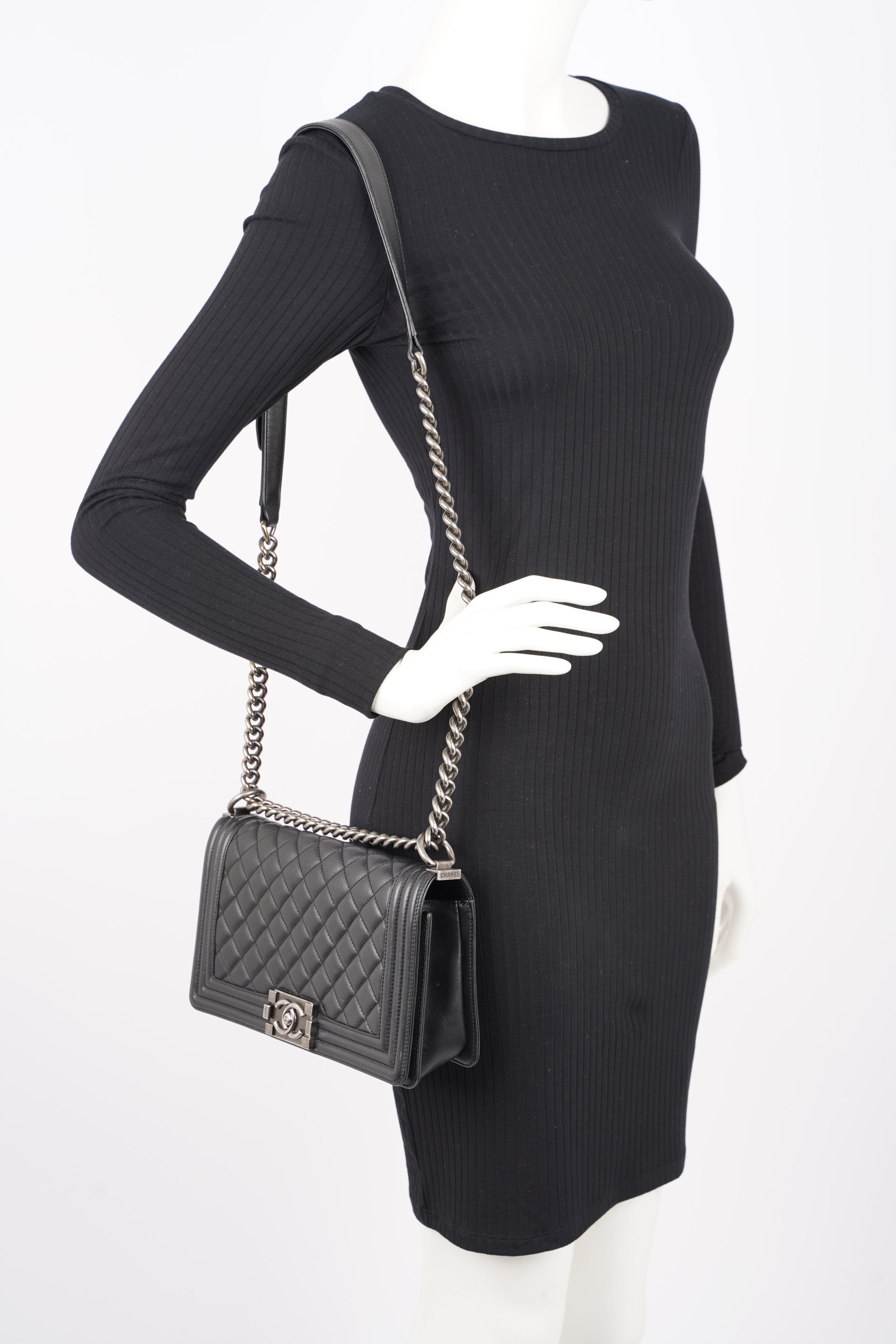 Chanel Womens Lambskin Boy Bag Black Silver Medium