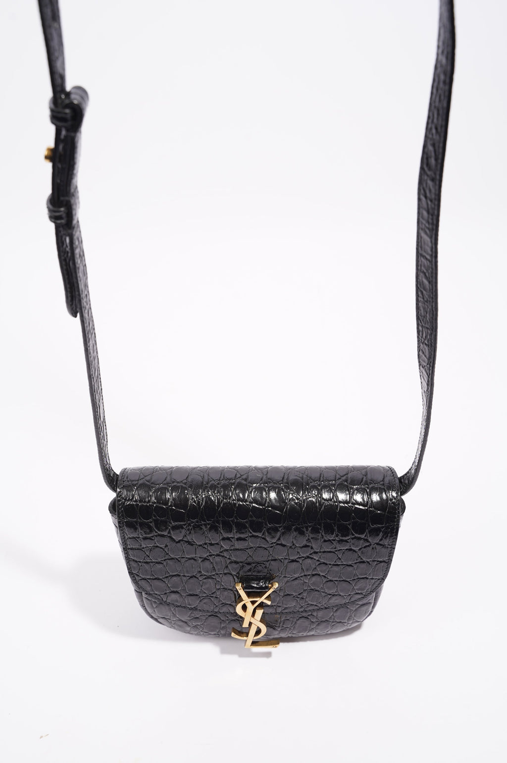 Saint Laurent Womens Kaia Small Satchel Black Croc Embossed