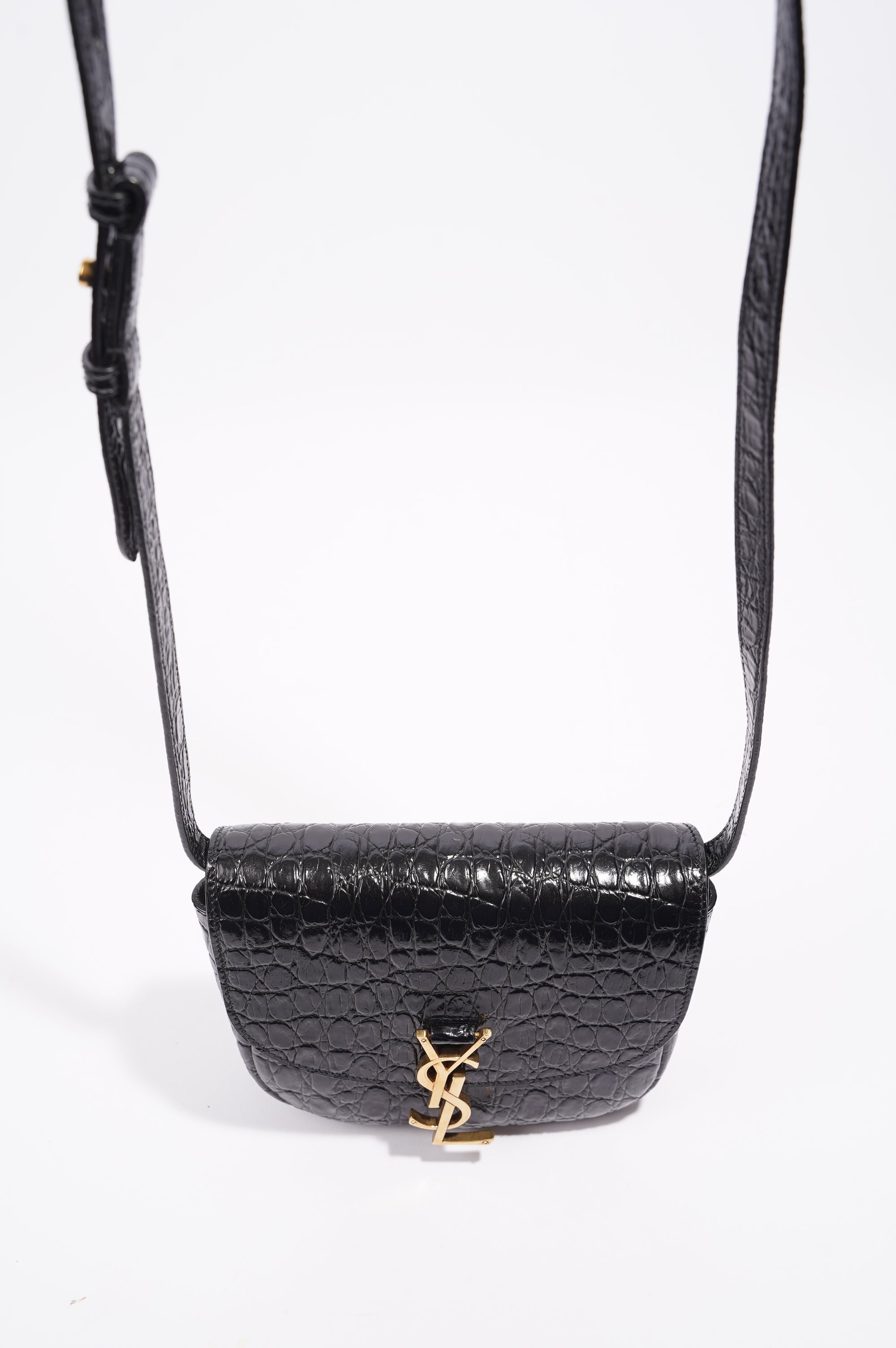 Saint Laurent Womens Kaia Small Satchel Black Croc Embossed
