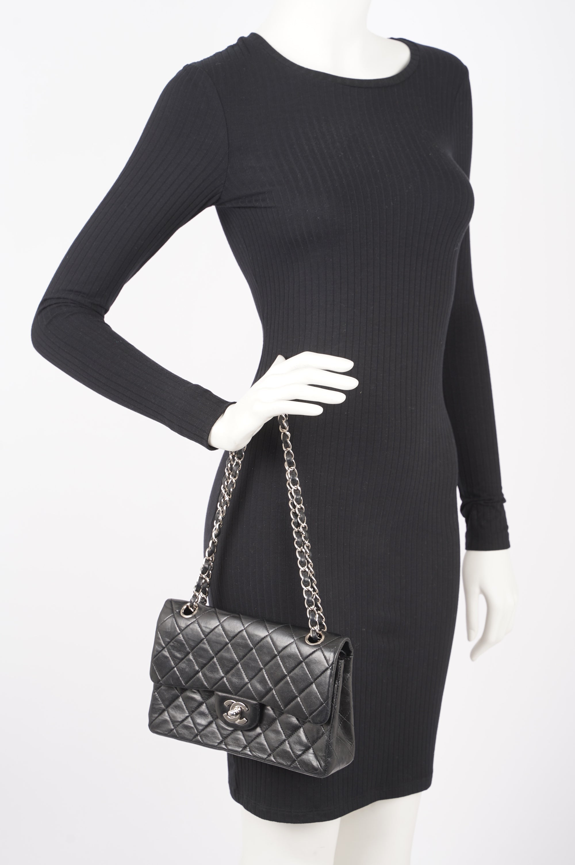 Chanel Womens Lambskin Double Flap Black Small