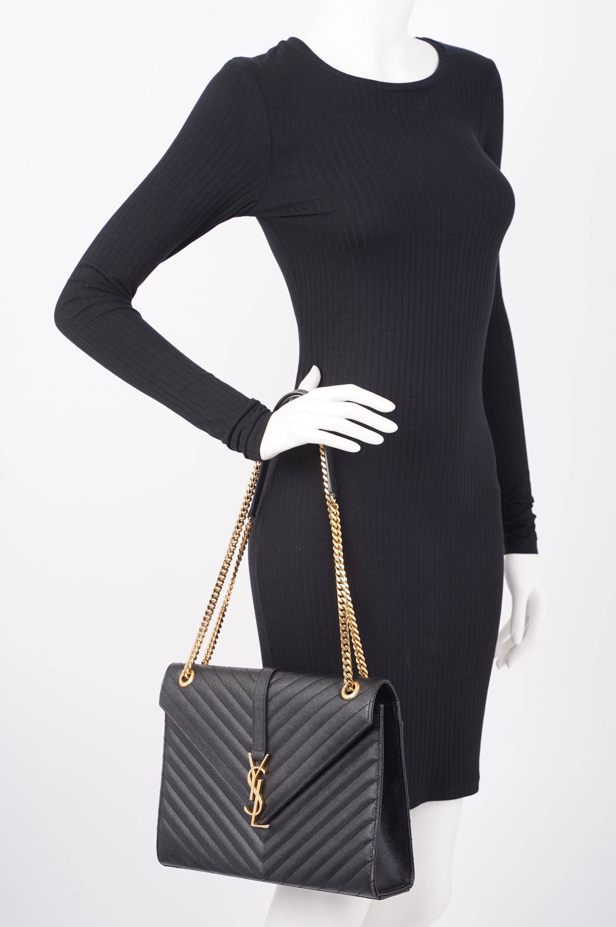 SAINT LAURENT WOMENS ENVELOPE BAG BLACK LEATHER LARGE