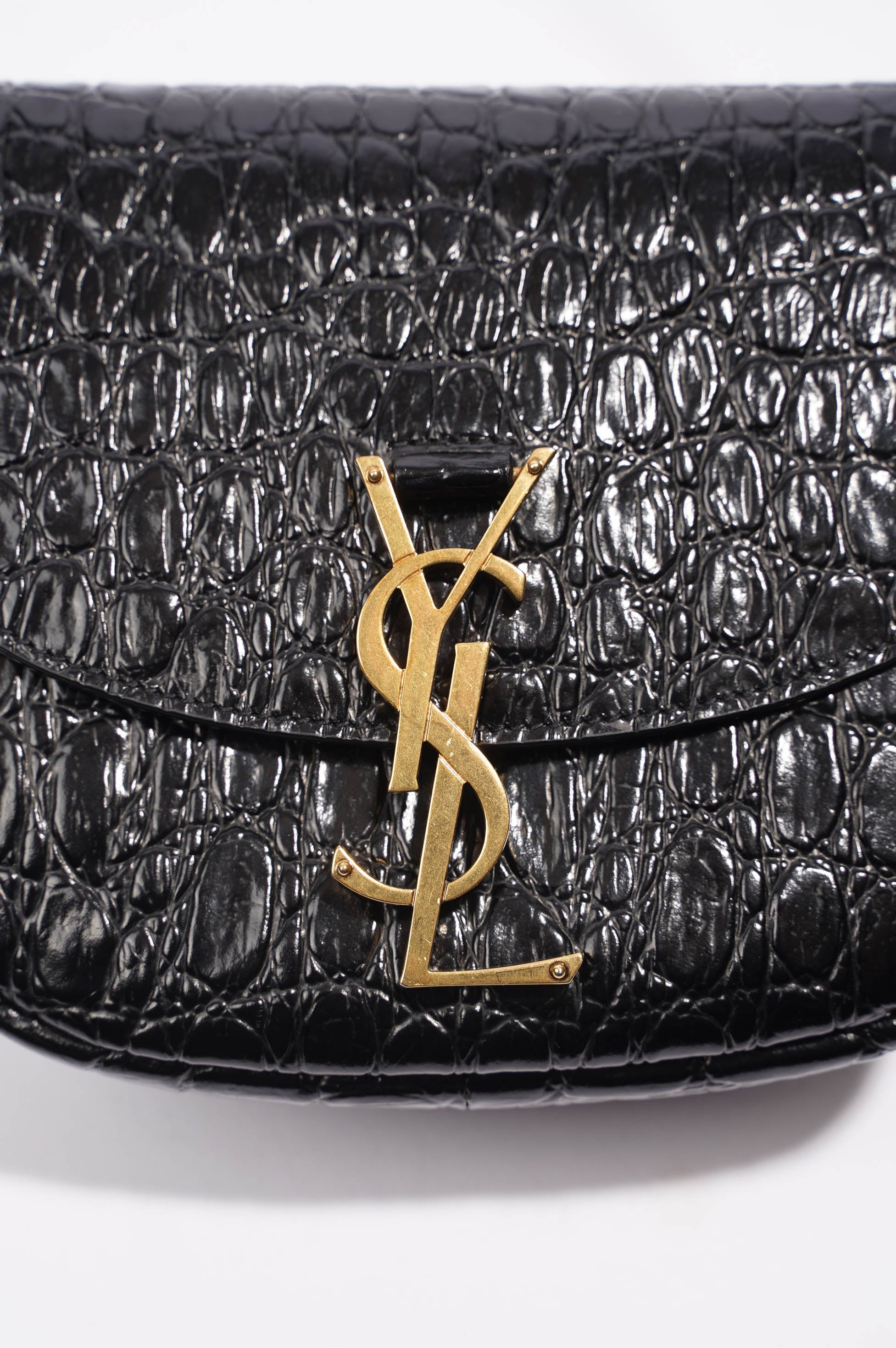 Saint Laurent Womens Kaia Small Satchel Black Croc Embossed