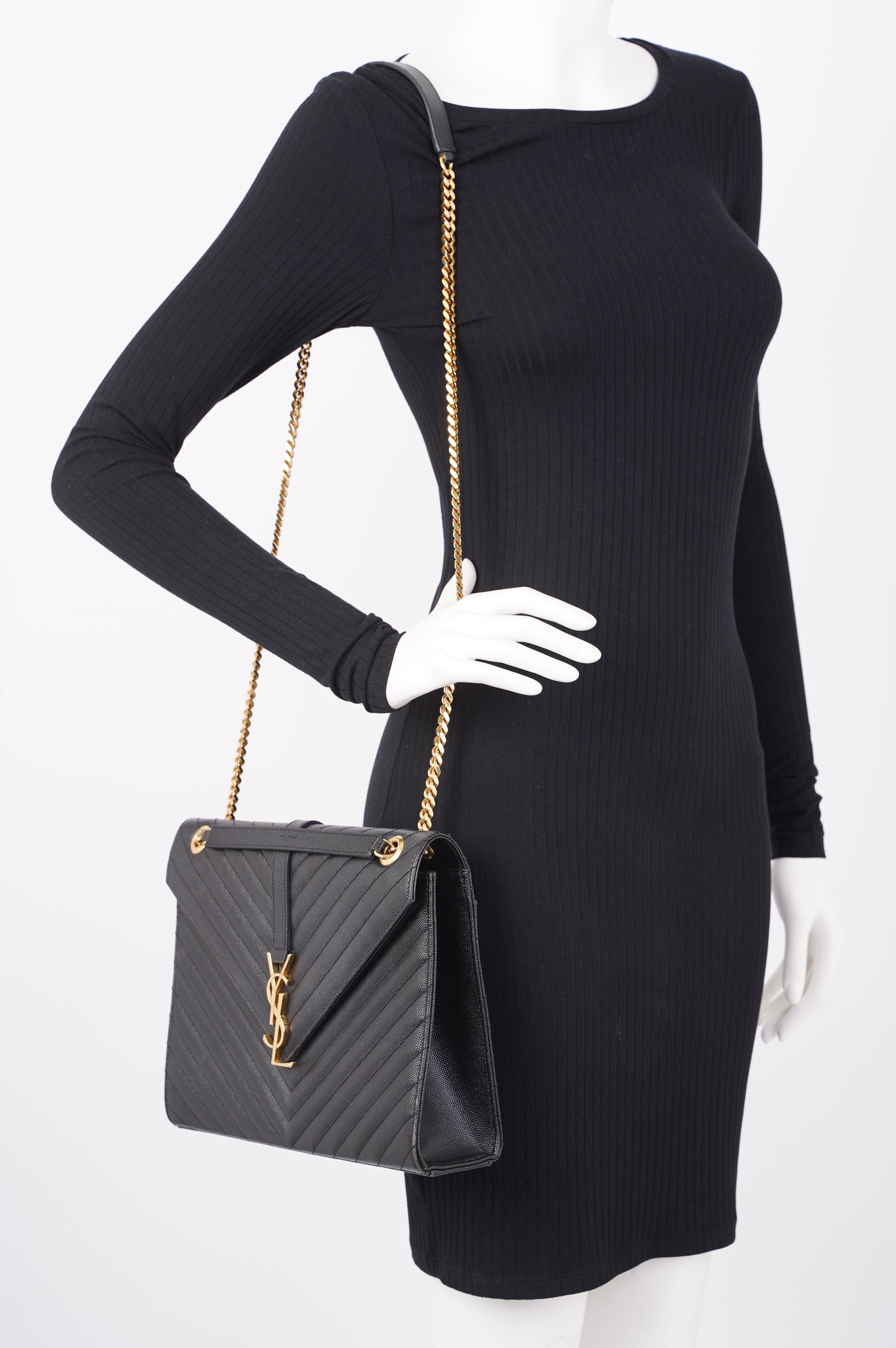 SAINT LAURENT WOMENS ENVELOPE BAG BLACK LEATHER LARGE