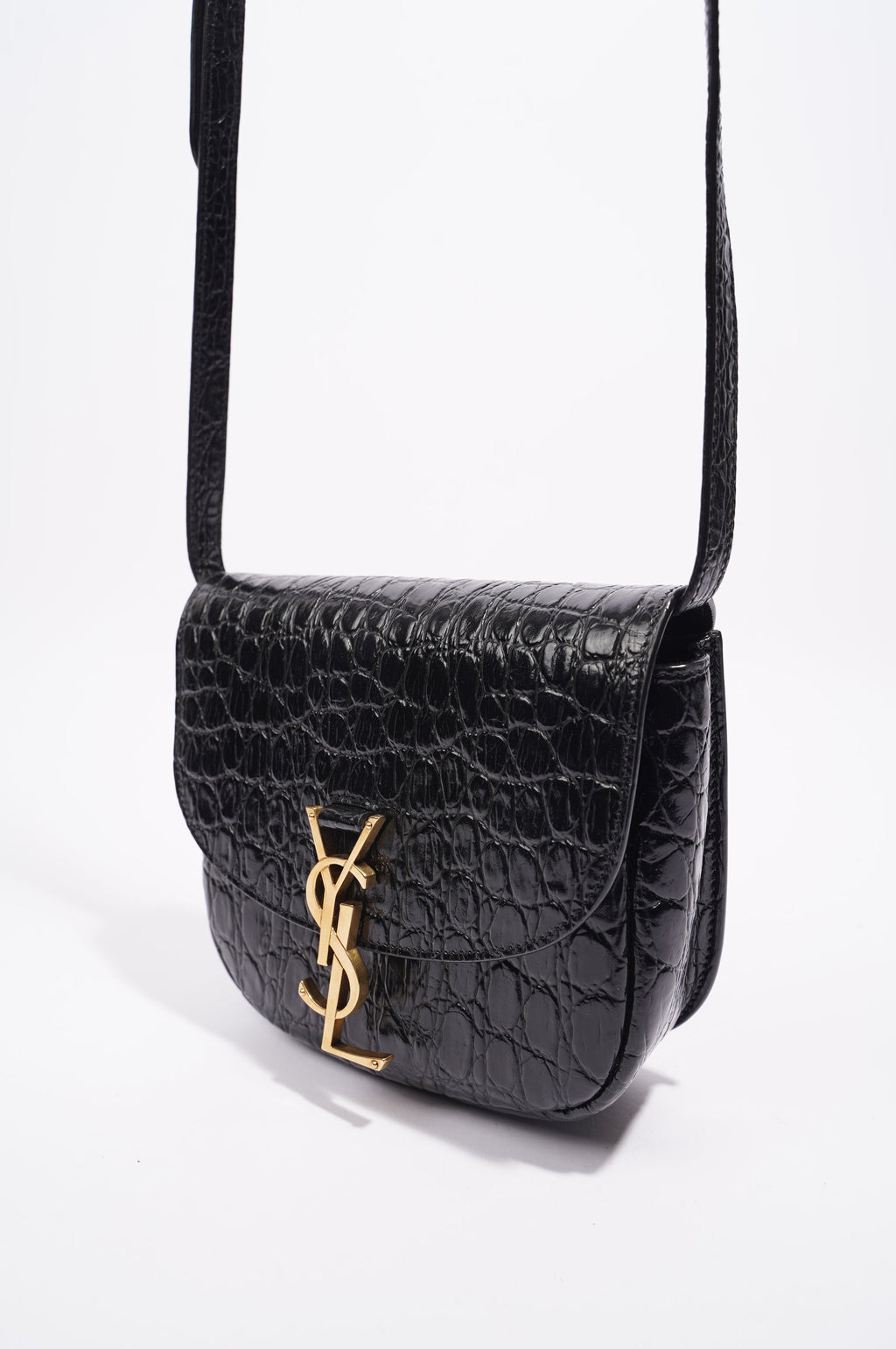 Saint Laurent Womens Kaia Small Satchel Black Croc Embossed