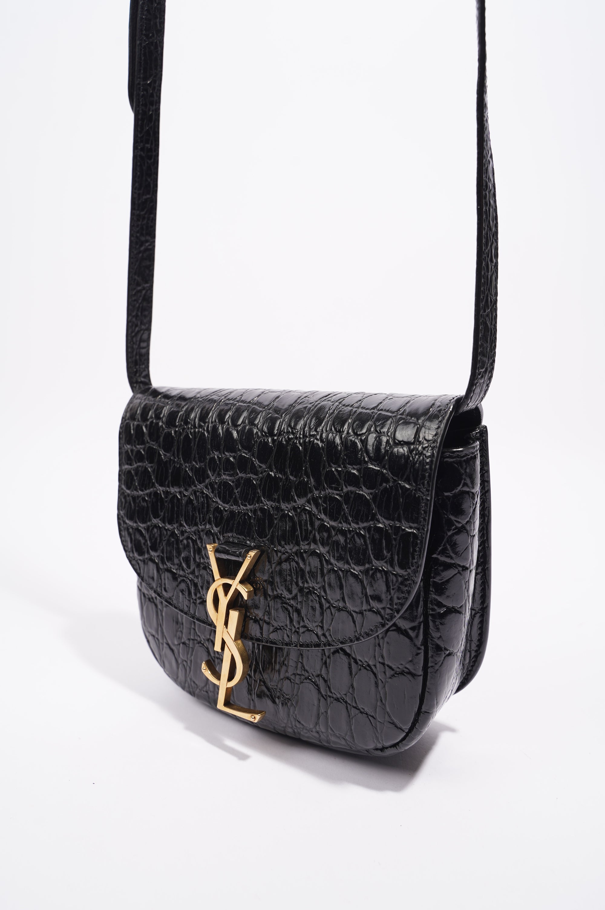 Saint Laurent Womens Kaia Small Satchel Black Croc Embossed
