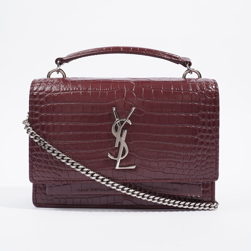 Saint Laurent Sunset Chain Wallet Burgundy Croc