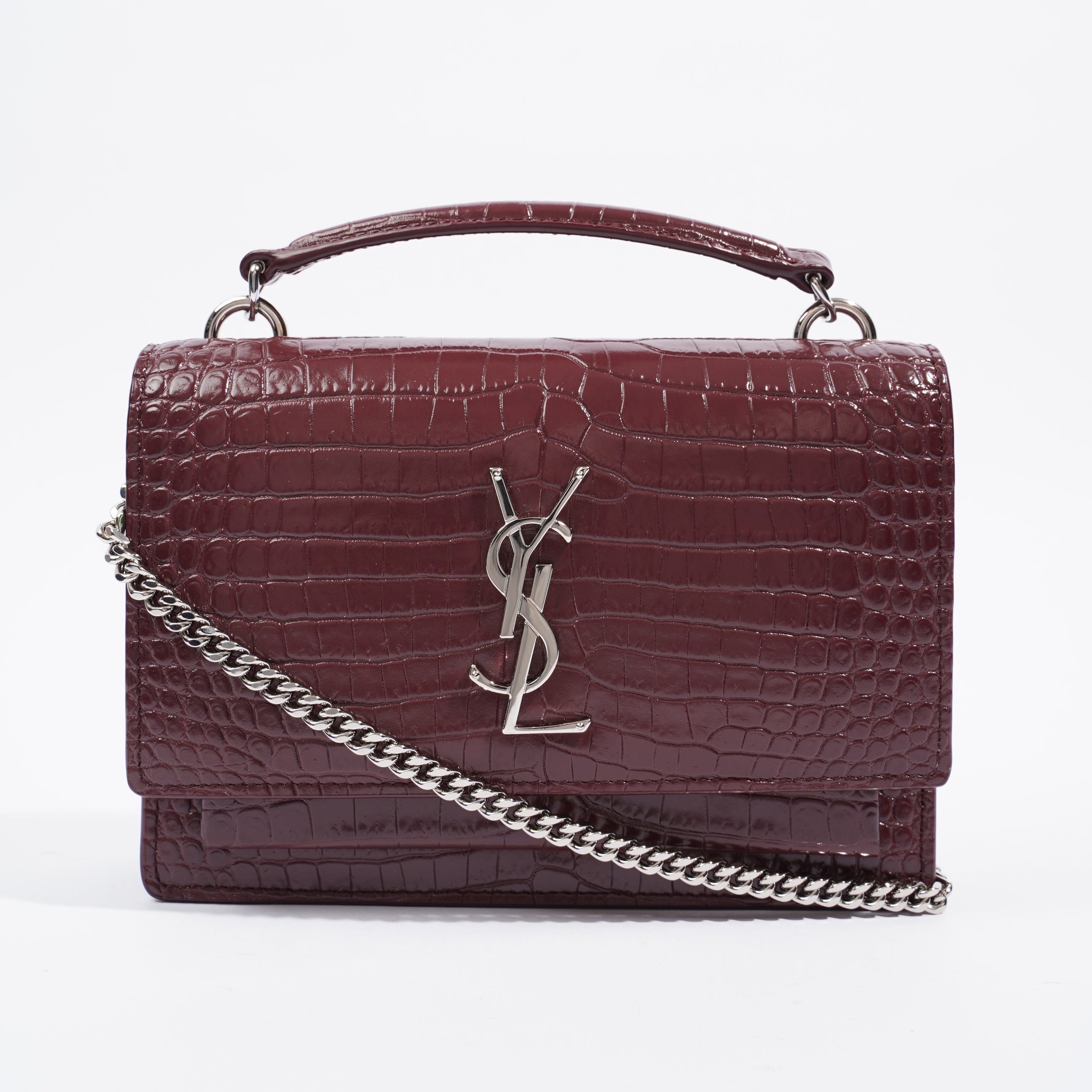Saint Laurent Sunset Chain Wallet Burgundy Croc