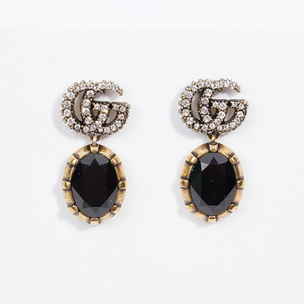 Gucci Womens GG Pendant Earrings Black / Gold Finish Base Metal / Rhinestone