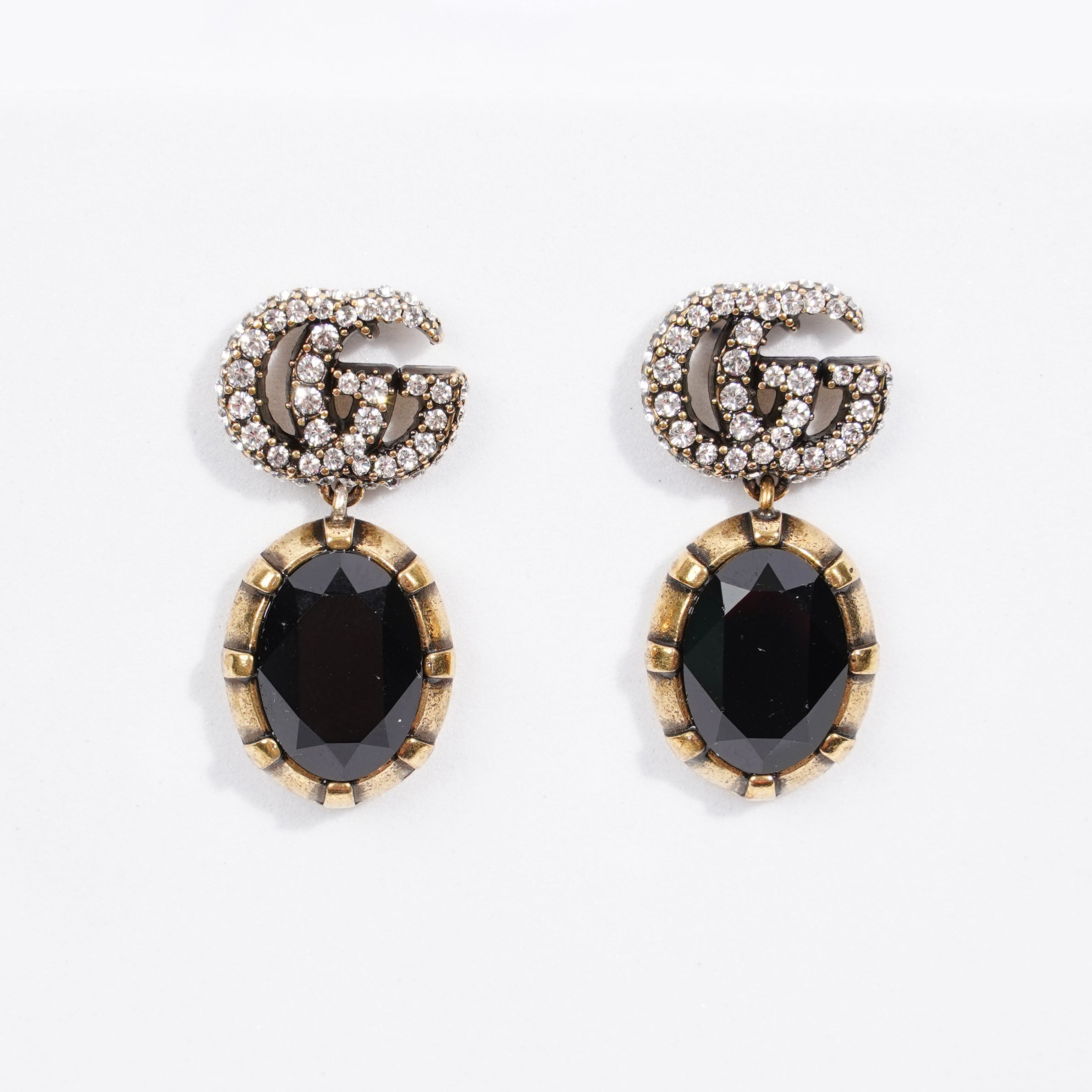 Gucci Womens GG Pendant Earrings Black / Gold Finish Base Metal / Rhinestone