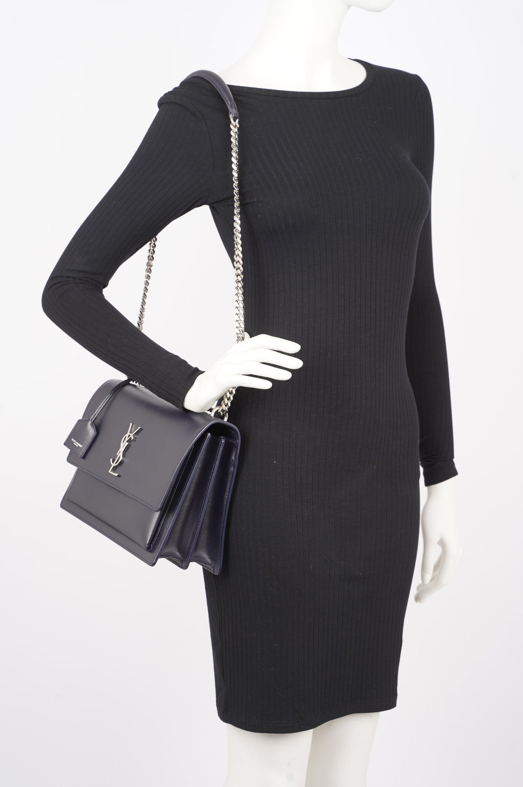 Saint Laurent Womens Sunset Chain Bag Navy / Silver Large