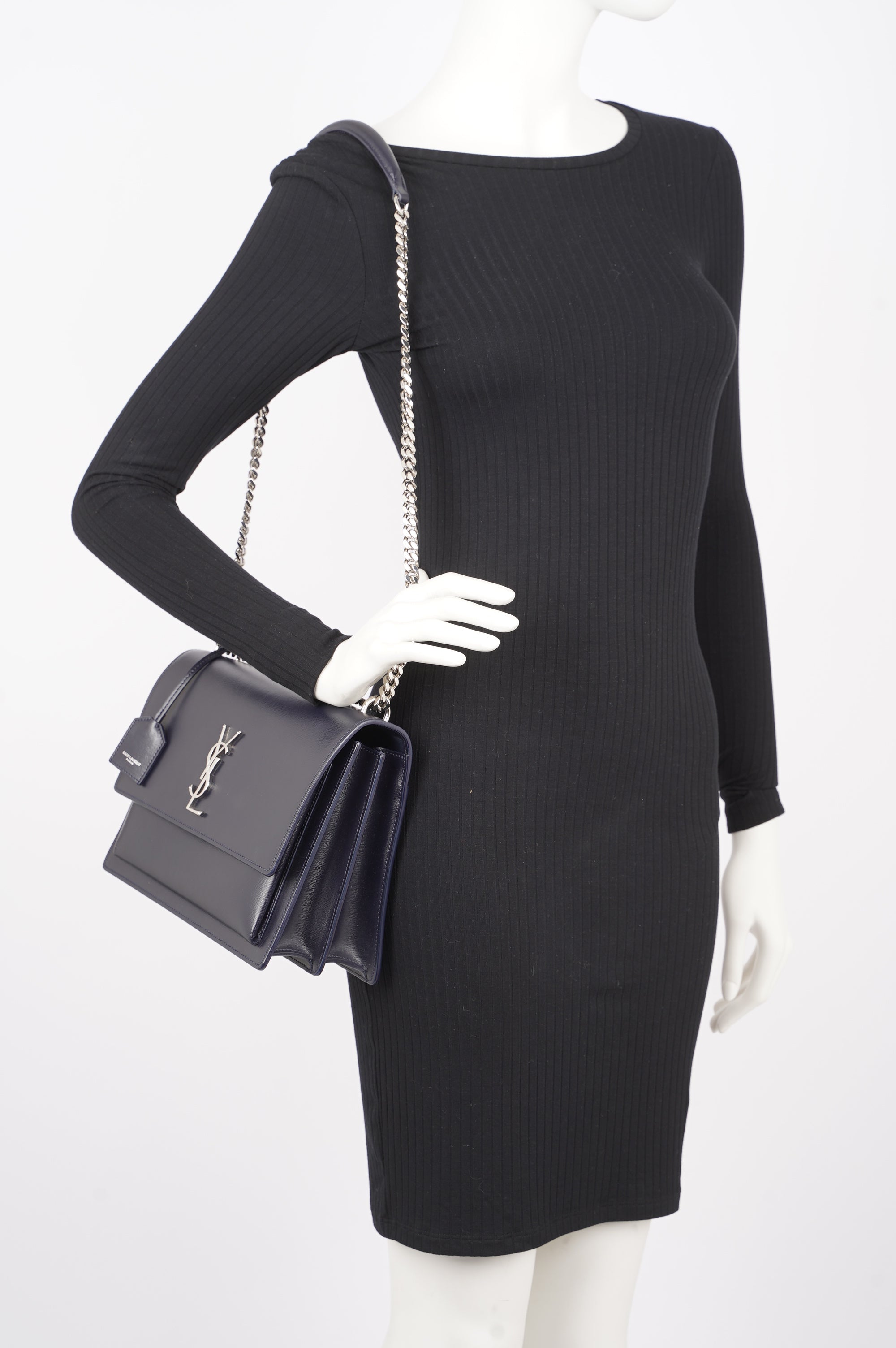 Saint Laurent Womens Sunset Chain Bag Navy / Silver Large