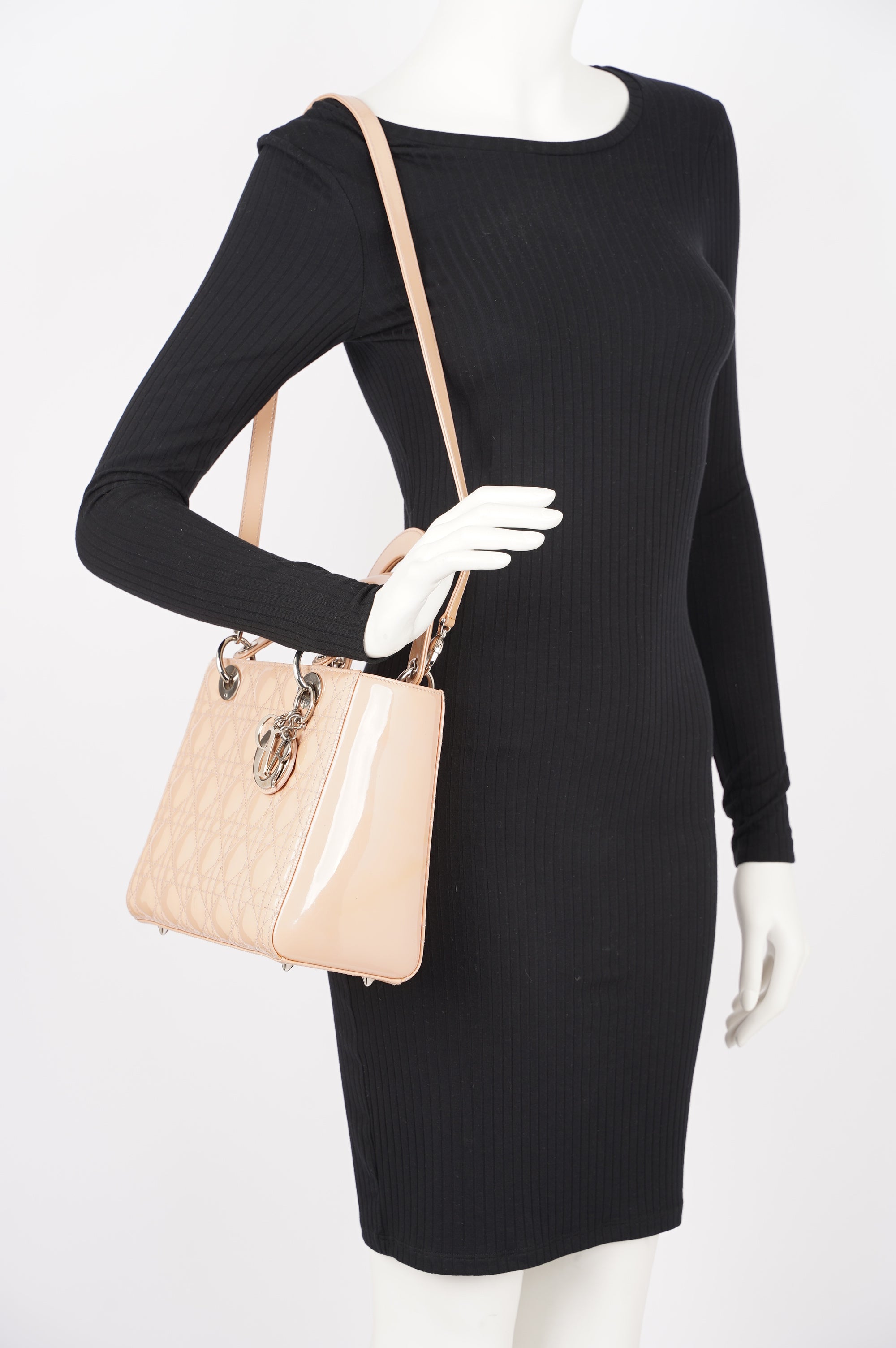 Christian Dior Womens Lady Dior Bag Nude Patent Leather Medium
