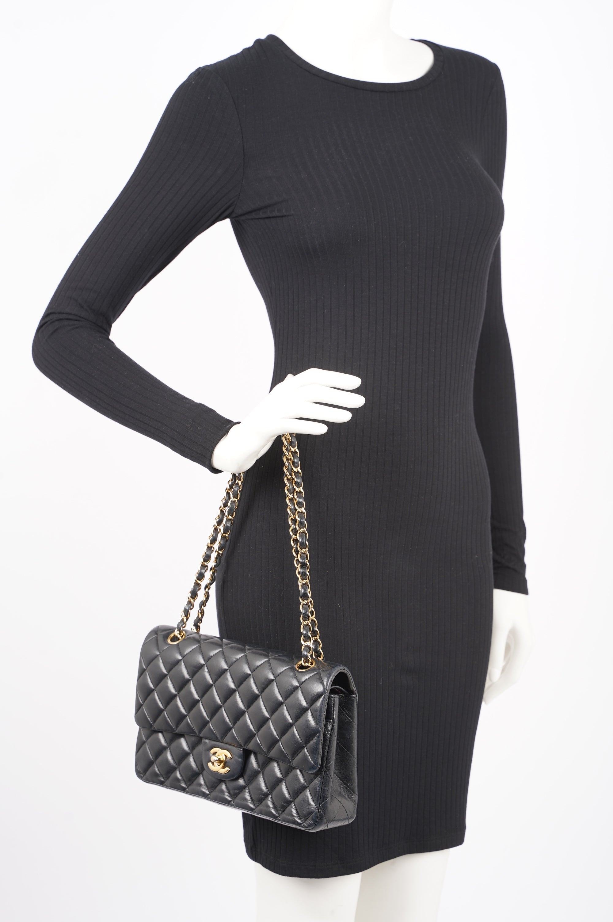 Chanel Womens Classic Lambskin Flap Black Medium