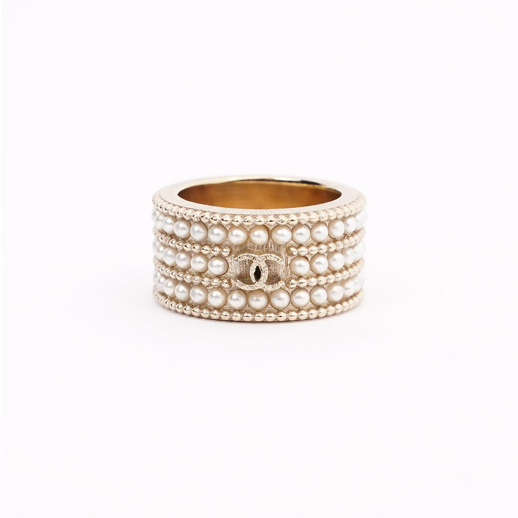 Chanel Micro Pearls Row Ring Champagne Gold Finish