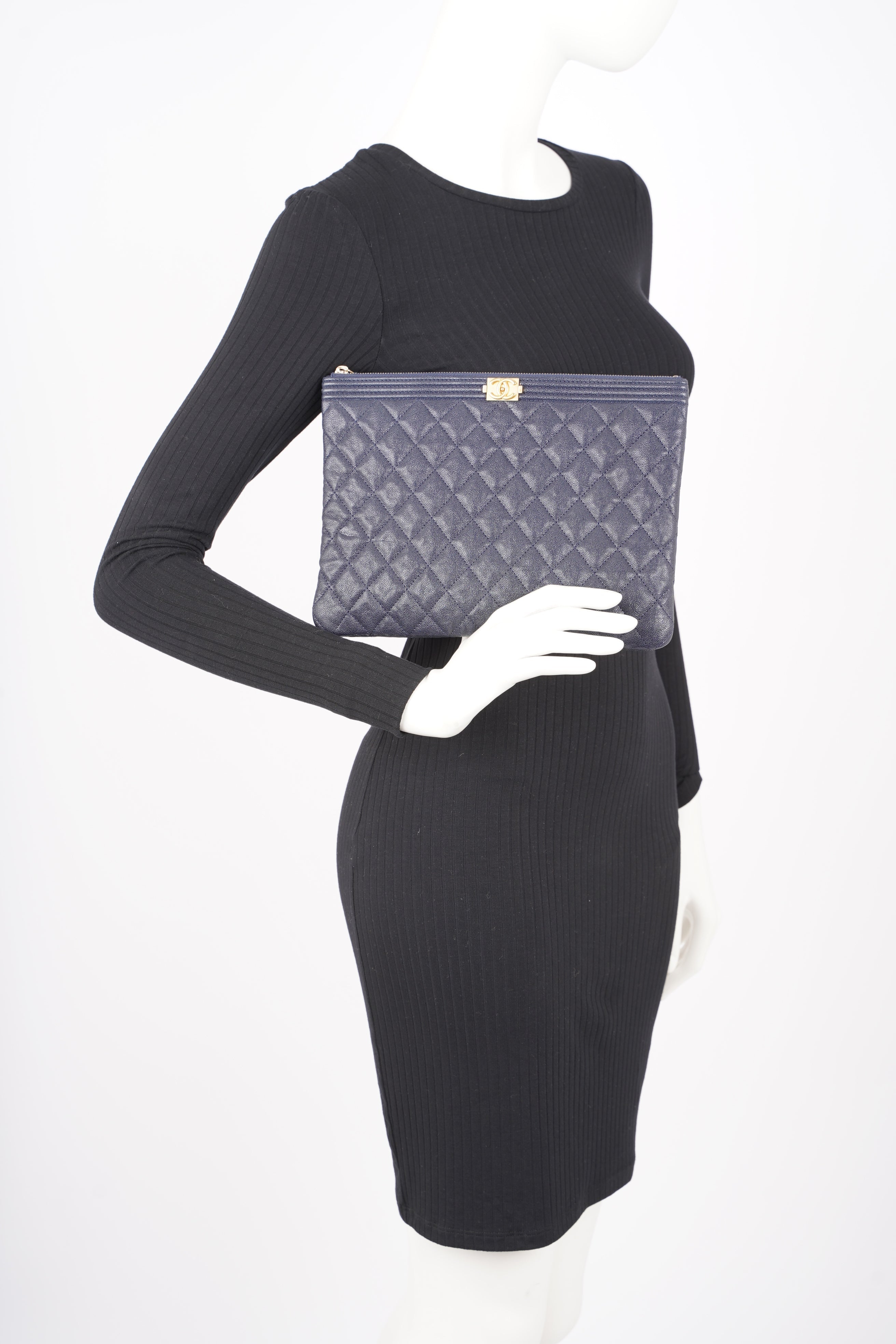 Chanel Womens Quilted Caviar Leather Boy Pouch Navy Large