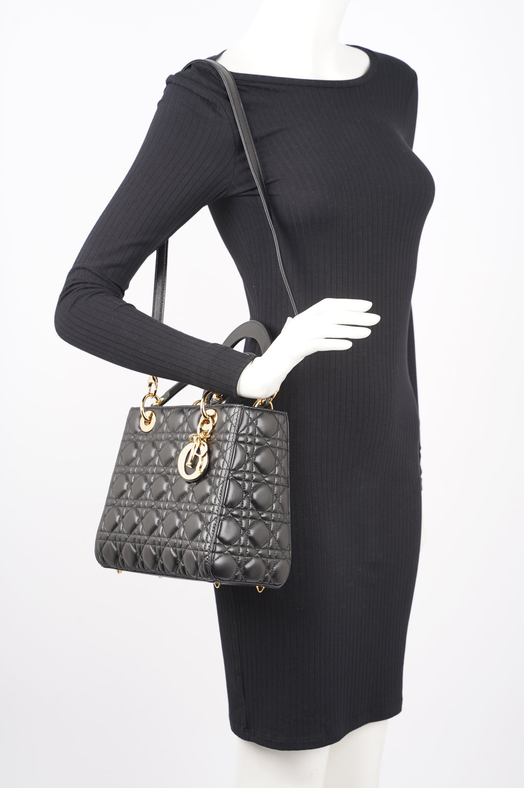Christian Dior Womens Lady Dior Black / Gold Medium