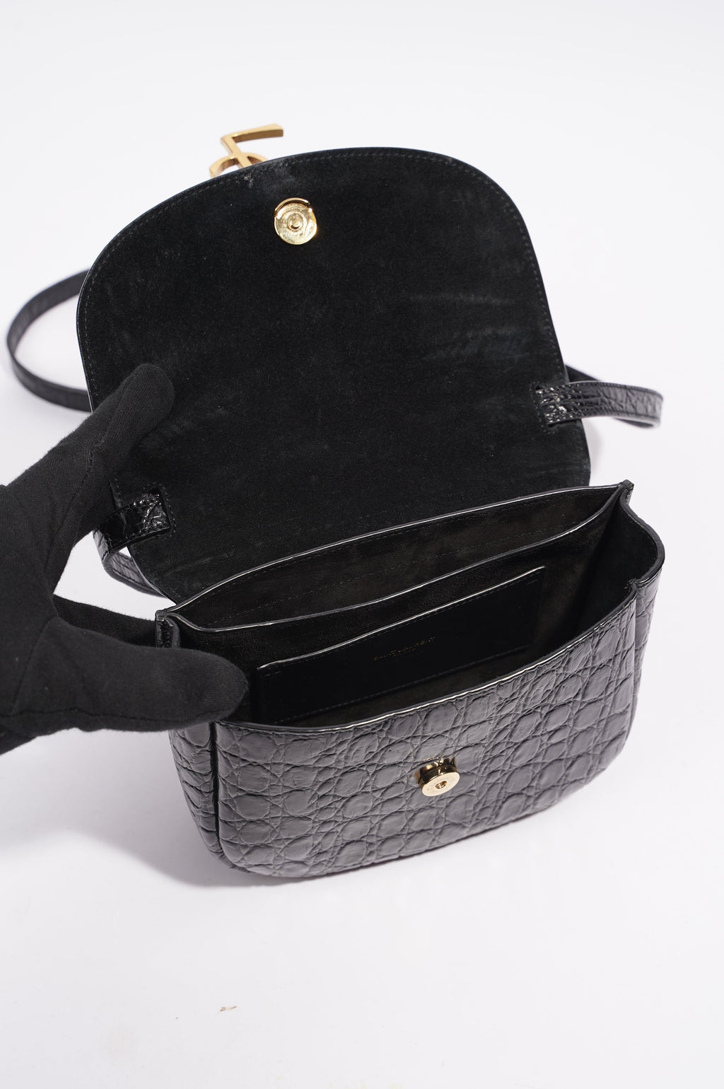 Saint Laurent Womens Kaia Small Satchel Black Croc Embossed