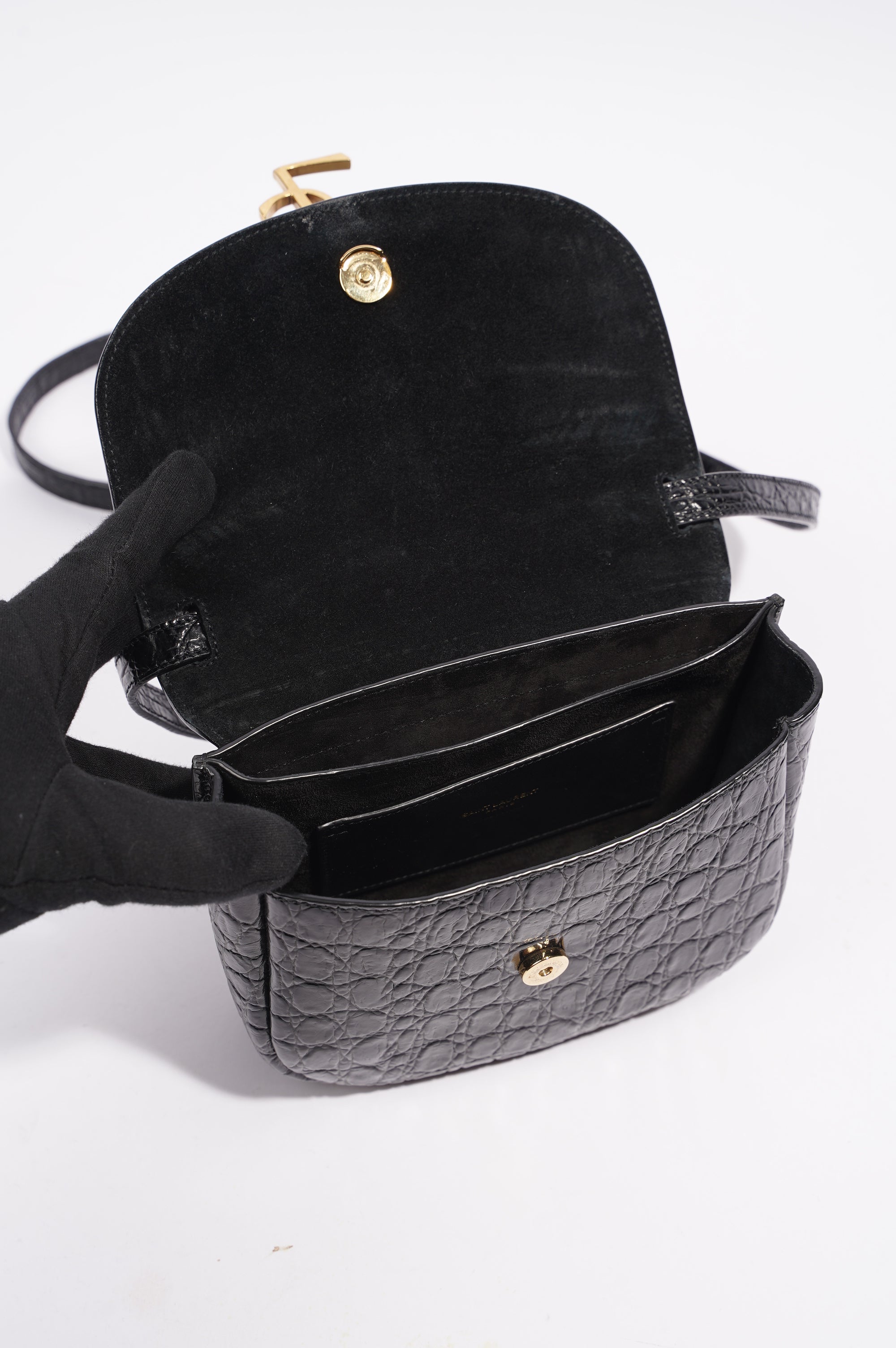 Saint Laurent Womens Kaia Small Satchel Black Croc Embossed