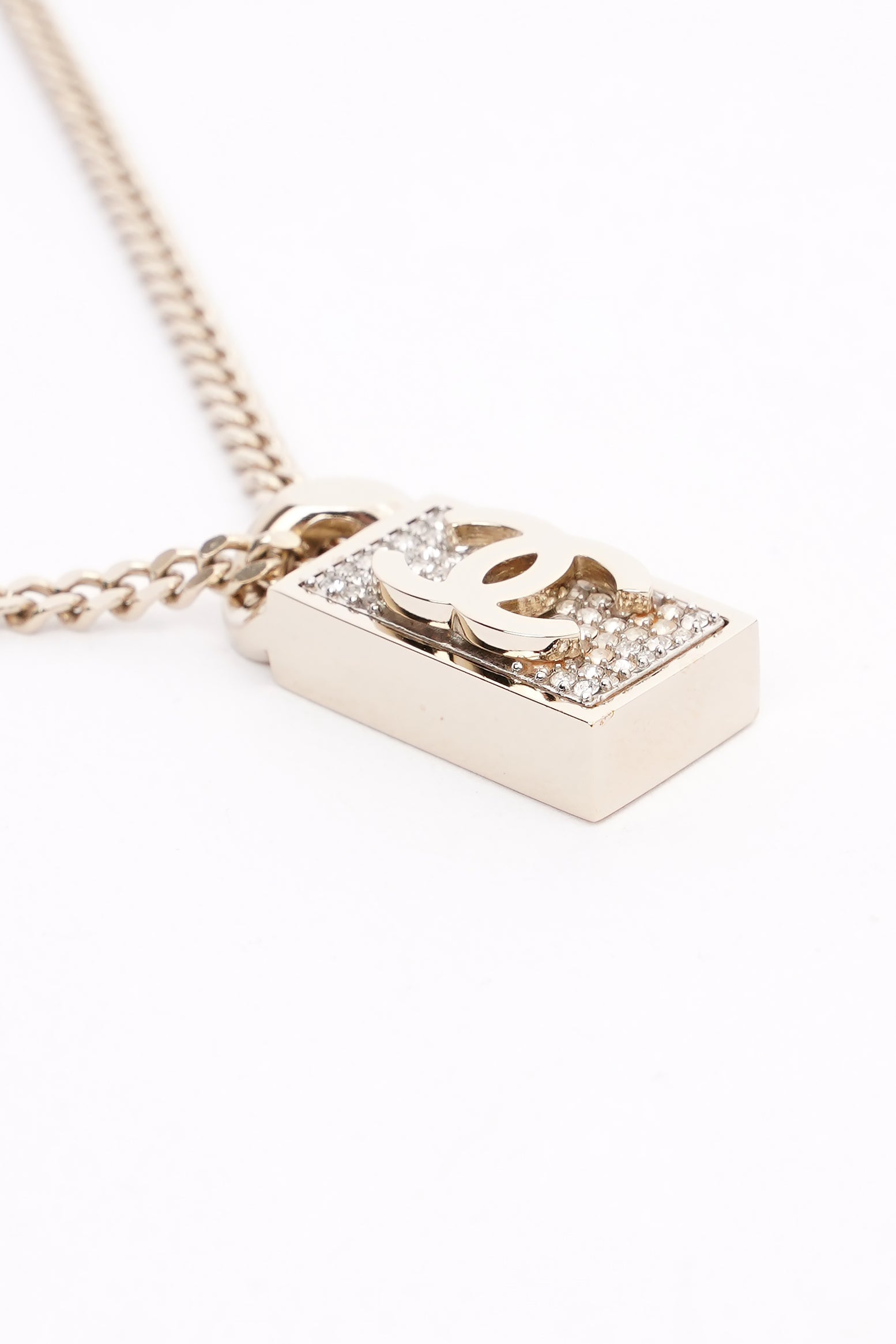 Chanel CC Dog Tag Pendant Necklace Gold Finish Base Metal / Crystals 2021