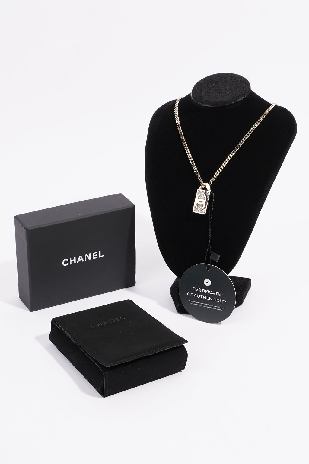 Chanel CC Dog Tag Pendant Necklace Gold Finish Base Metal / Crystals 2021