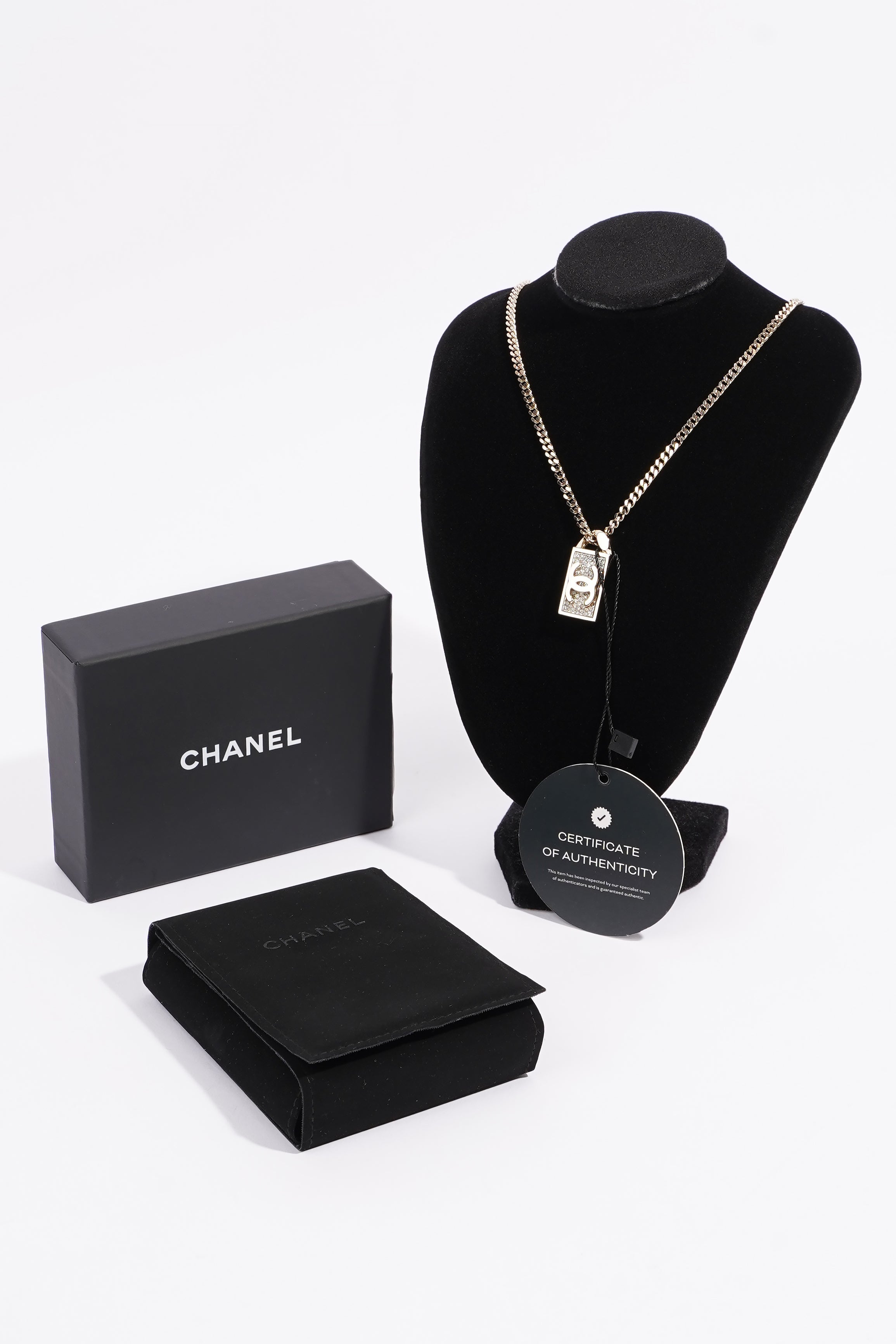 Chanel CC Dog Tag Pendant Necklace Gold Finish Base Metal / Crystals 2021