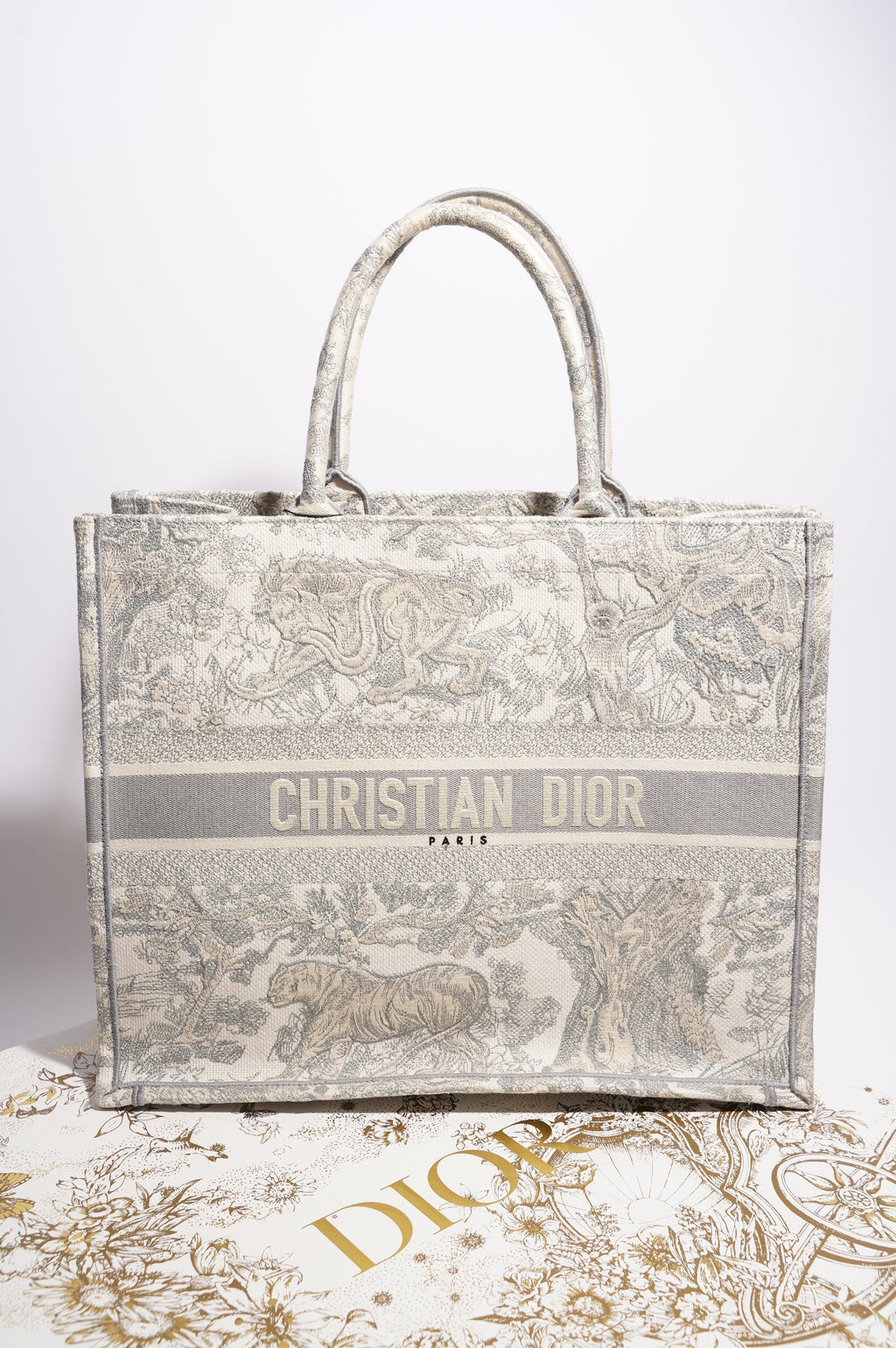Christian Dior Womens Book Tote Grey Toile De Jouy Grey / White Canvas Large