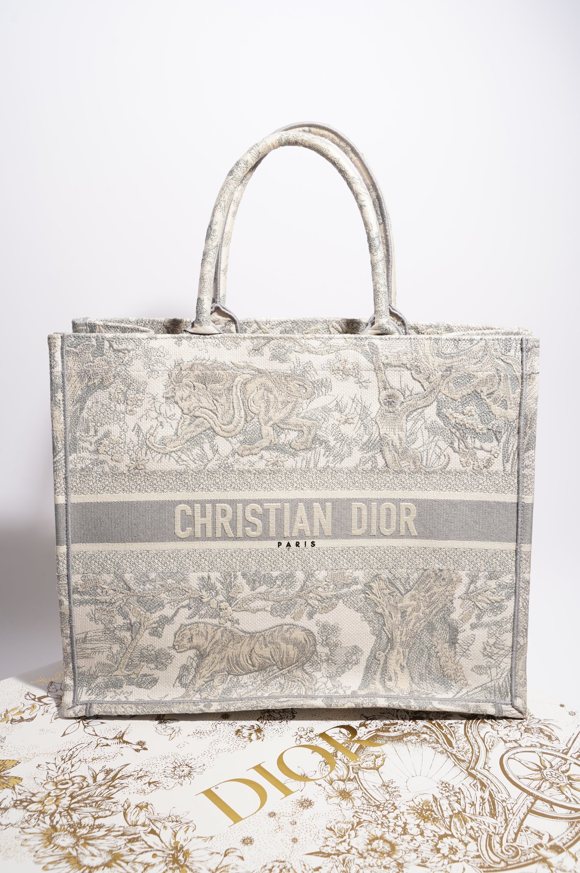 Christian Dior Womens Book Tote Grey Toile De Jouy Grey / White Canvas Large