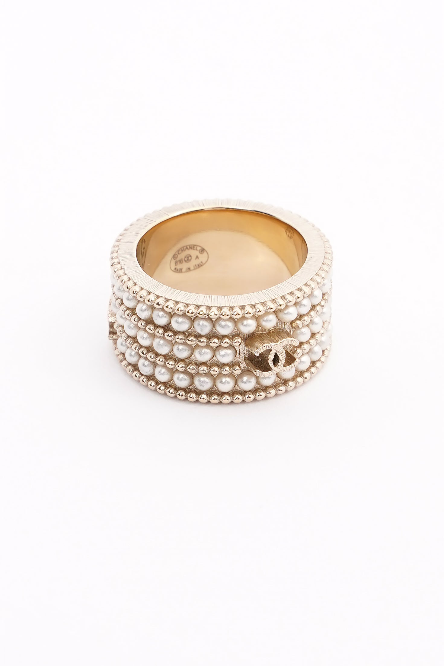 Chanel Micro Pearls Row Ring Champagne Gold Finish