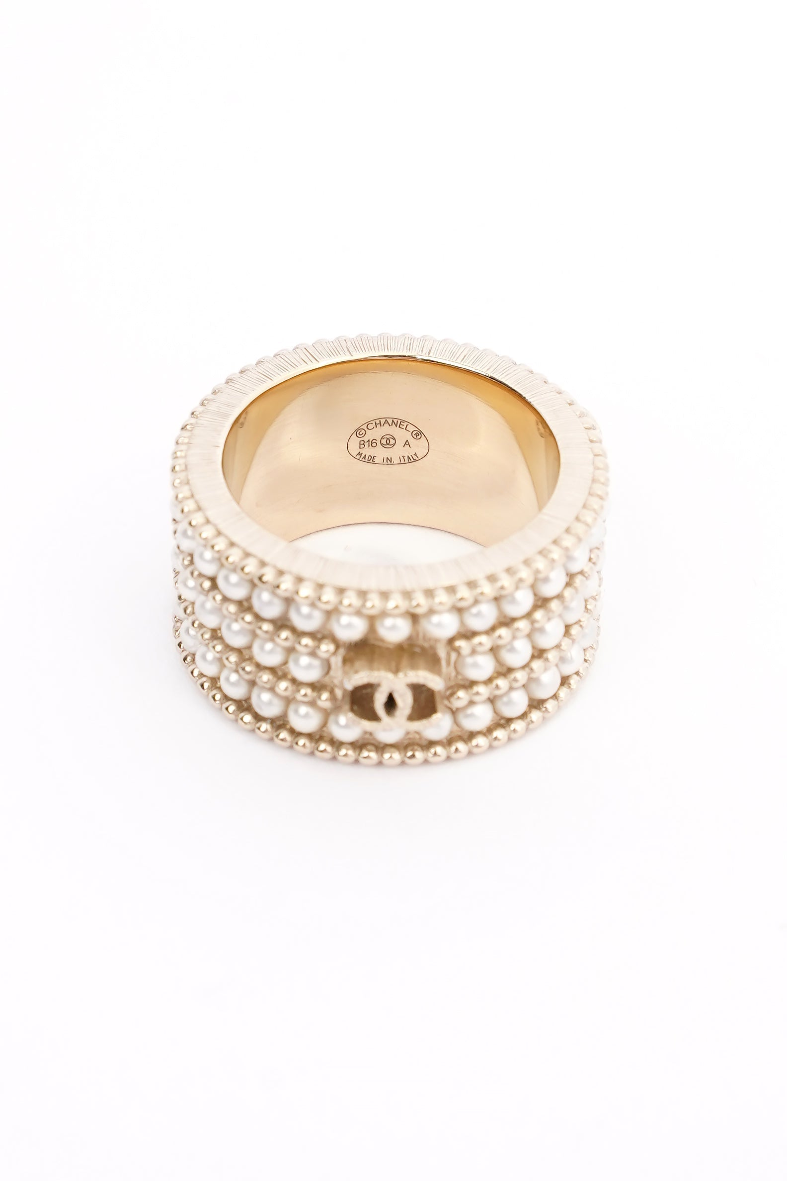 Chanel Micro Pearls Row Ring Champagne Gold Finish