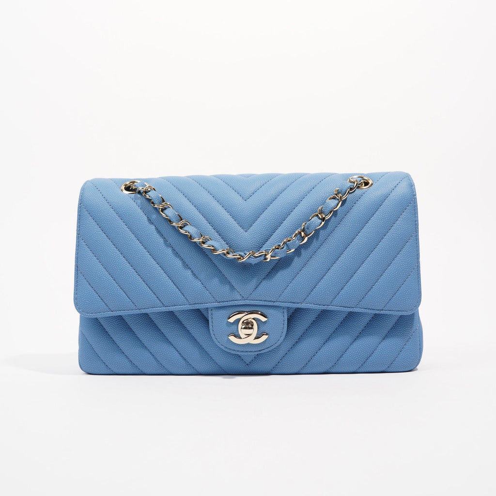 Chanel Womens Quilted Caviar Chevron Classic Double Flap Medium