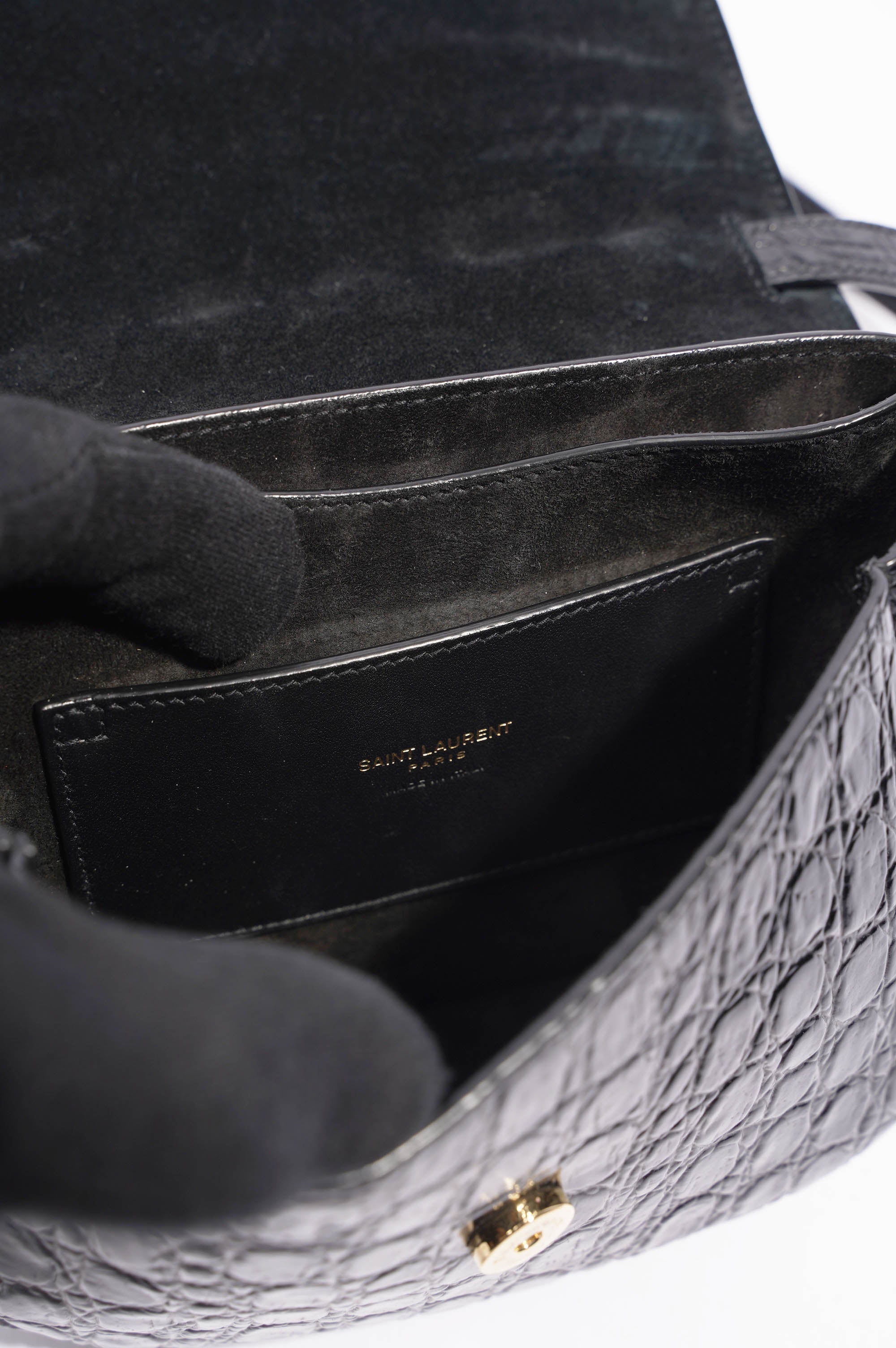Saint Laurent Womens Kaia Small Satchel Black Croc Embossed