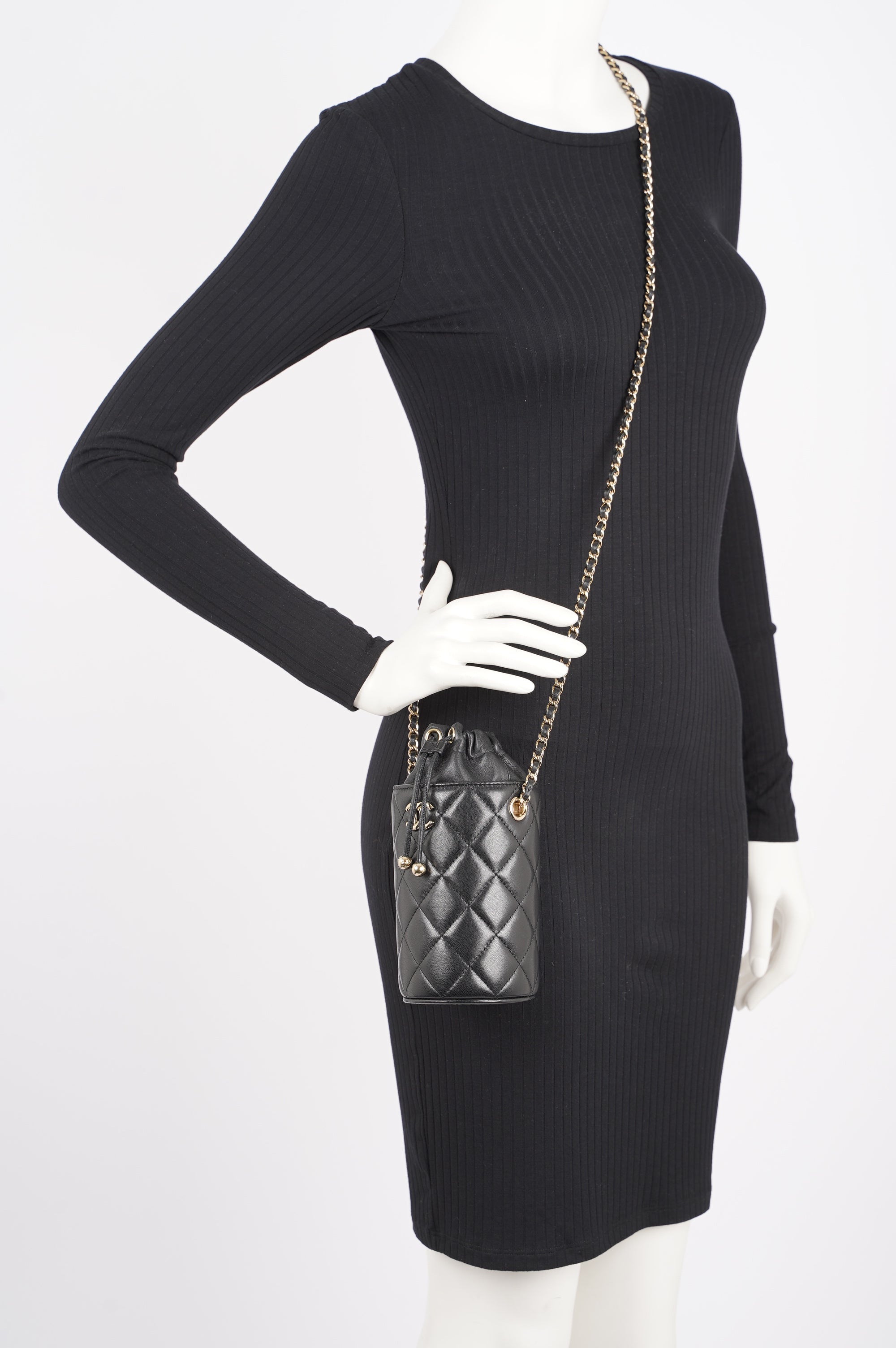 Chanel Womens Bucket Quilted Lambskin Mini Black