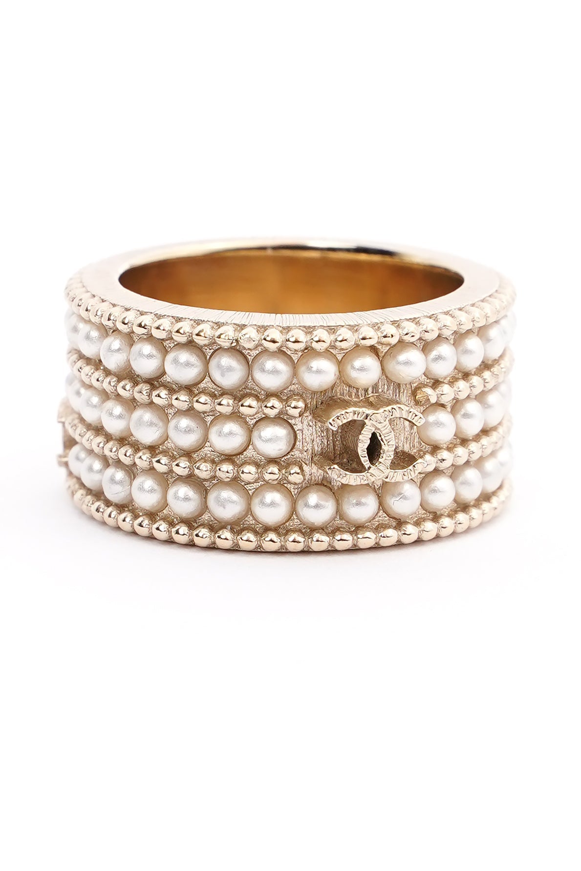 Chanel Micro Pearls Row Ring Champagne Gold Finish