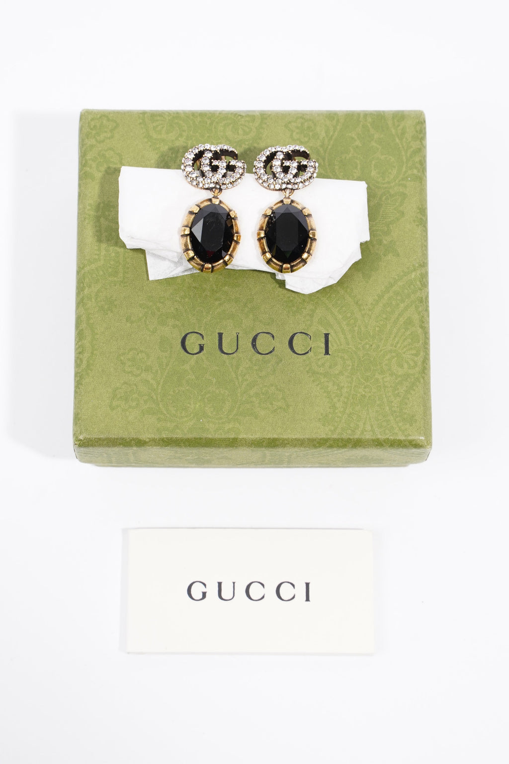 Gucci Womens GG Pendant Earrings Black / Gold Finish Base Metal / Rhinestone