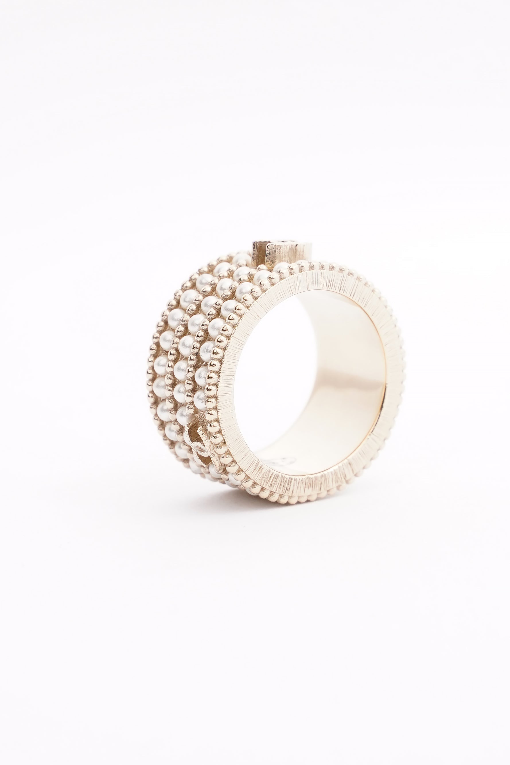 Chanel Micro Pearls Row Ring Champagne Gold Finish