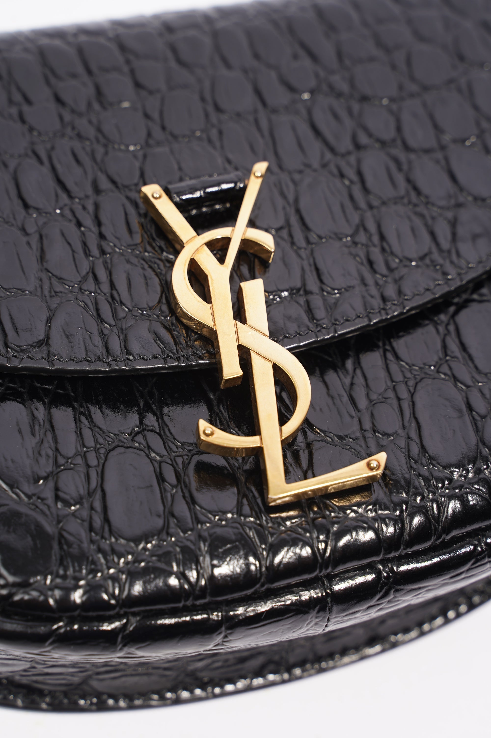 Saint Laurent Womens Kaia Small Satchel Black Croc Embossed