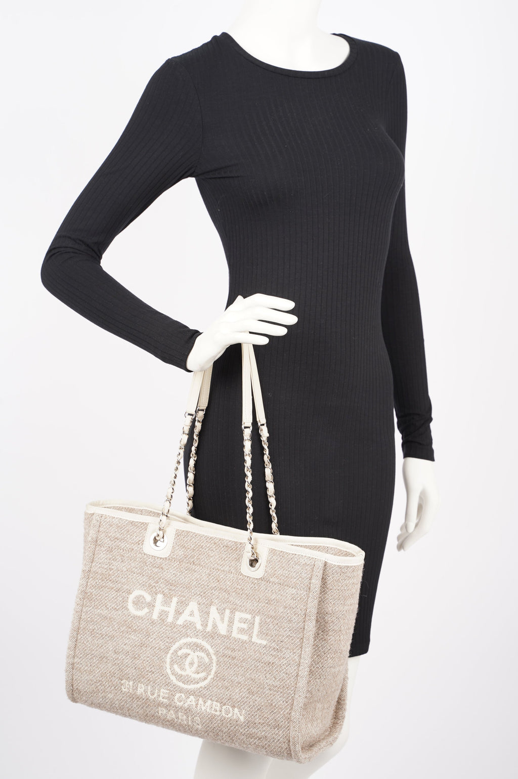 Chanel Womens Deauville Bag Wool / Cream / Beige Small