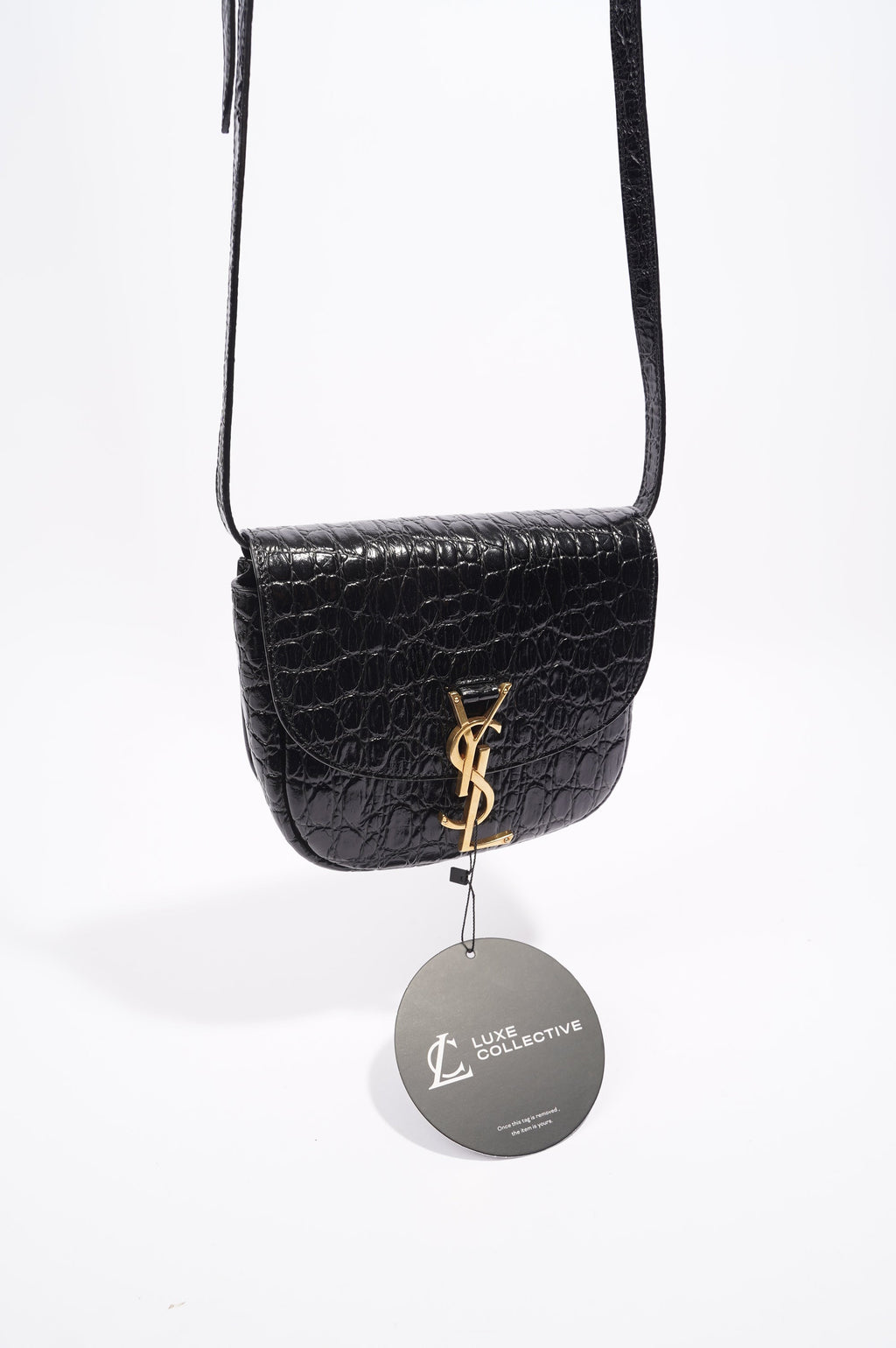 Saint Laurent Womens Kaia Small Satchel Black Croc Embossed