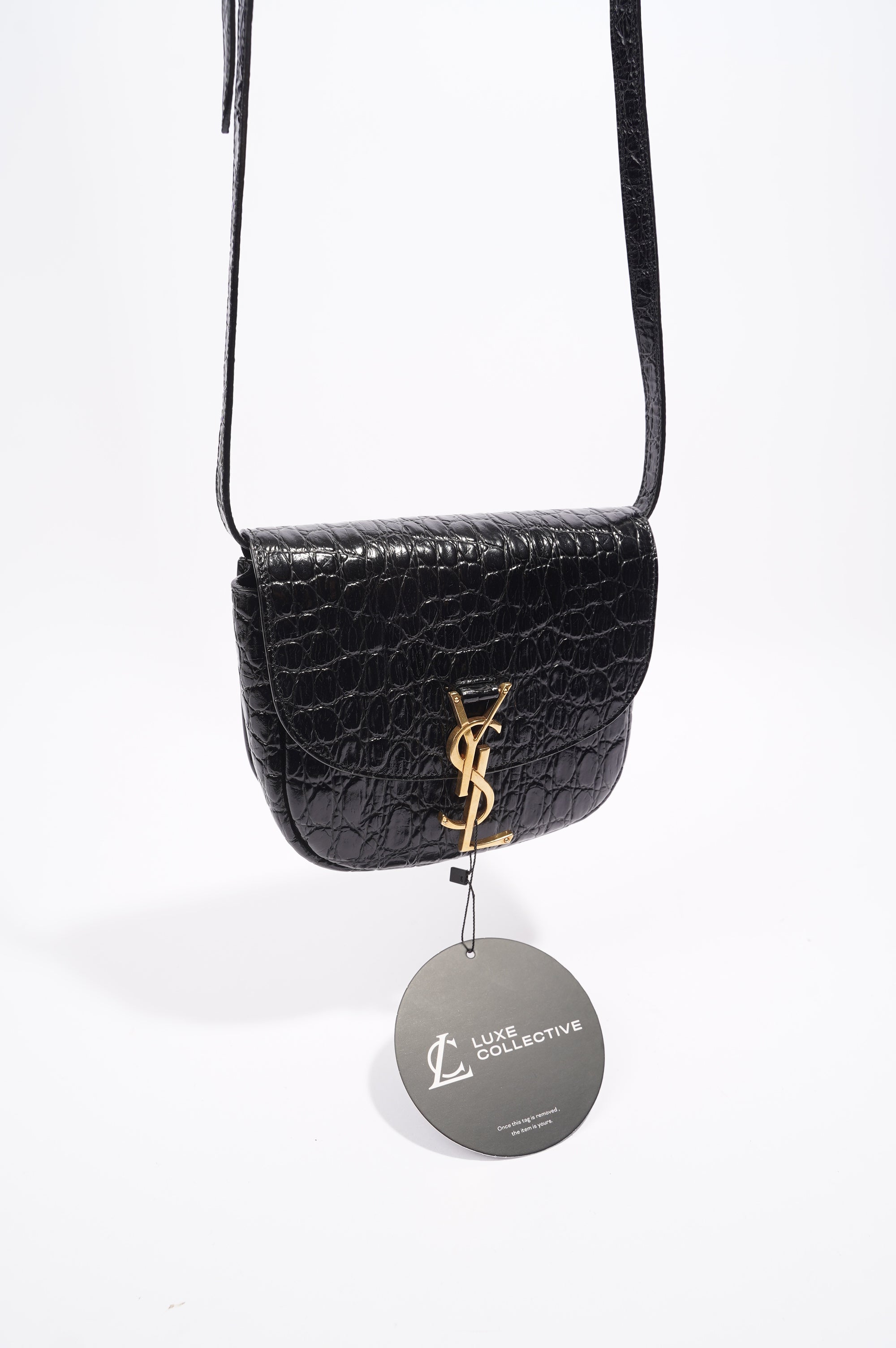 Saint Laurent Womens Kaia Small Satchel Black Croc Embossed
